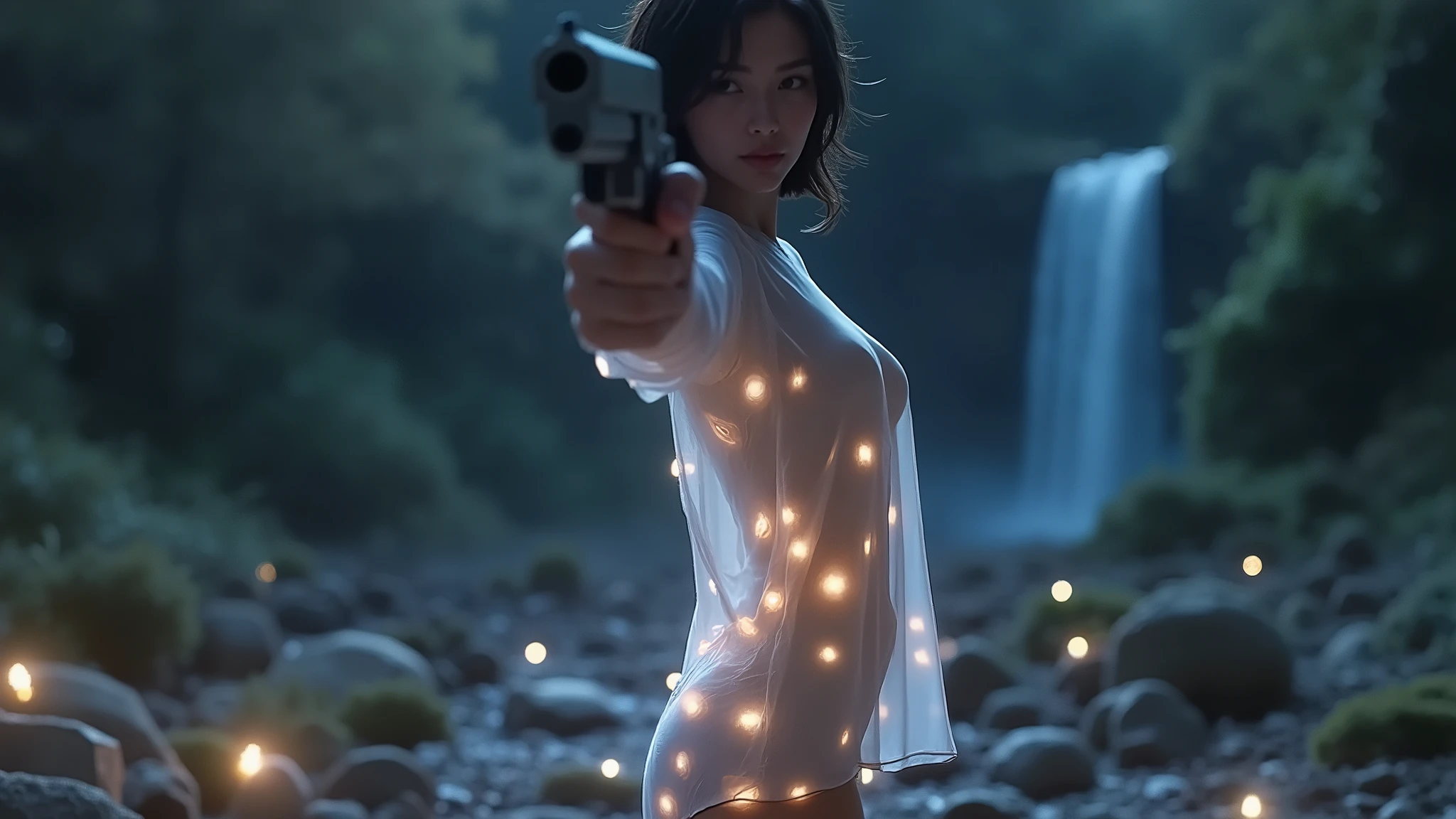 (((aerial view))), a  19-year-old woman in the mid-ground:0.4, under the beautiful starry sky, divine atmosphere, dark forest with waterfall at night, foggy, large-breast:1.2, (((side boob))), transparent:0.1 short:0.1 white shift dress, layered petals, neural glow, glowing net pattern, dreamcore, ethereal beauty, slim:0.6 body, cold face, slim face, (((((aiming viewer with pistol))))), (((G-string micro ))). background portrait, darken background.