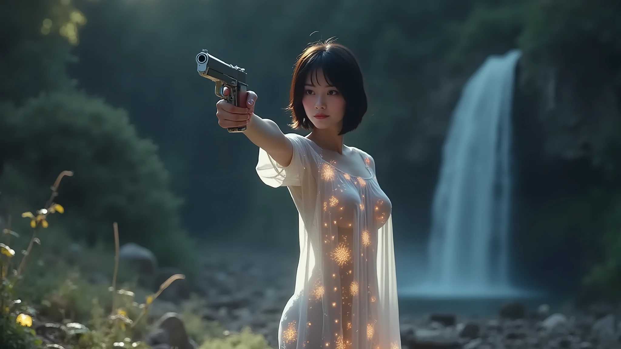(((aerial view))), a 19-year-old woman in the mid-ground:0.4, under the beautiful starry sky, divine atmosphere, dark forest with waterfall at night, foggy, large-breast:1.2, (((side boob))), transparent:0.1 short:0.1 white shift dress, layered petals, neural glow, glowing net pattern, dreamcore, ethereal beauty, slim:0.6 body, cold face, slim face, (((((aiming viewer with pistol))))), (((G-string micro ))). background portrait, darken background.