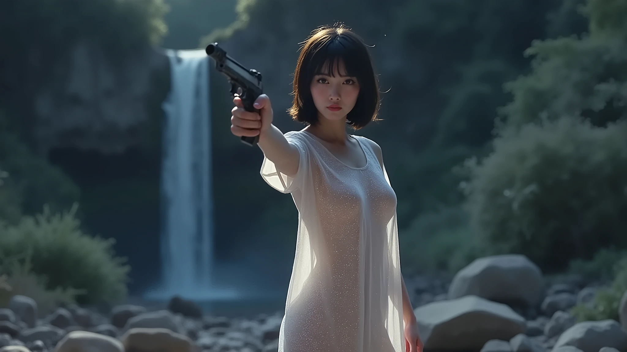 (((aerial view))), a  19-year-old woman in the mid-ground:0.4, under the beautiful starry sky, divine atmosphere, dark forest with waterfall at night, foggy, large-breast:1.2, (((side boob))), transparent:0.1 short:0.1 white shift dress, layered petals, neural glow, glowing net pattern, dreamcore, ethereal beauty, slim:0.6 body, cold face, slim face, (((((aiming viewer with pistol))))), (((G-string micro ))). background portrait, darken background.