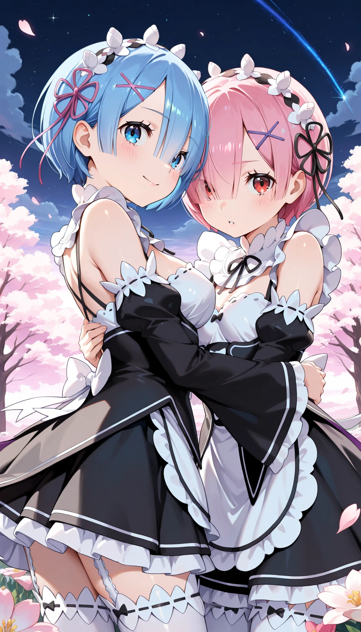 masterpiece, best quality,(colorful), (delicate eyes and face), volumetric light, ray tracing, extremely detailed CG unity 8k wallpaper, <lora:Ram_Rem_v1:0.8>, (2girls:1.3), (remrin:0.7), (ramchi:0.8), hair over one eye, maid, purple ribbon, maid headdress, roswaal mansion maid uniform, detached sleeves, white thighhighs, garter straps, princess carry, <lora:princess_carry_v0.1:0.8>, forest, nature