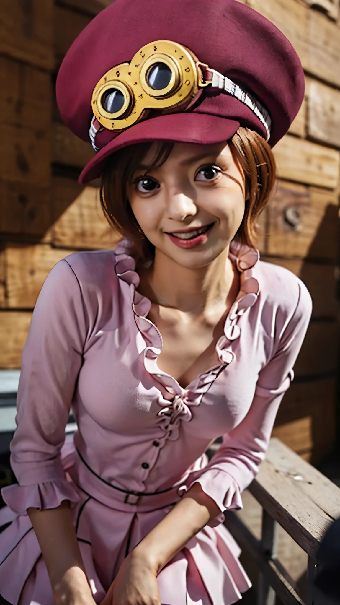 Ultra-realistic portrait of Koala from One Piece, depicted as if she exists in the real world. A beautiful young woman with fair skin, soft delicate facial features, and expressive large brown eyes filled with kindness and determination. She has medium-length, wavy light brown hair, slightly tousled, framing her youthful face. Koala wears her signature outfit: a pink blouse with a ruffled collar and sleeves, paired with a maroon corset-like vest and a dark short skirt. On her head, a small black top hat with a ribbon, tilted slightly for charm. She also wears round goggles resting on her forehead, detailed with metallic shine and leather straps.
Her pose is confident yet gentle, with a warm, encouraging smile that reflects her caring personality as a Revolutionary Army member. The background is richly detailed, resembling a Revolutionary Army base — a mix of wooden structures, old maps, and warm natural light filtering through. Textures are hyper-detailed: fabric folds, leather straps, soft skin tone, realistic eye reflections, and natural hair strands with subtle highlights. The style is cinematic and photorealistic, with high dynamic range lighting, ultra-sharp focus, and lifelike depth, making her appear as if captured in a professional portrait photograph