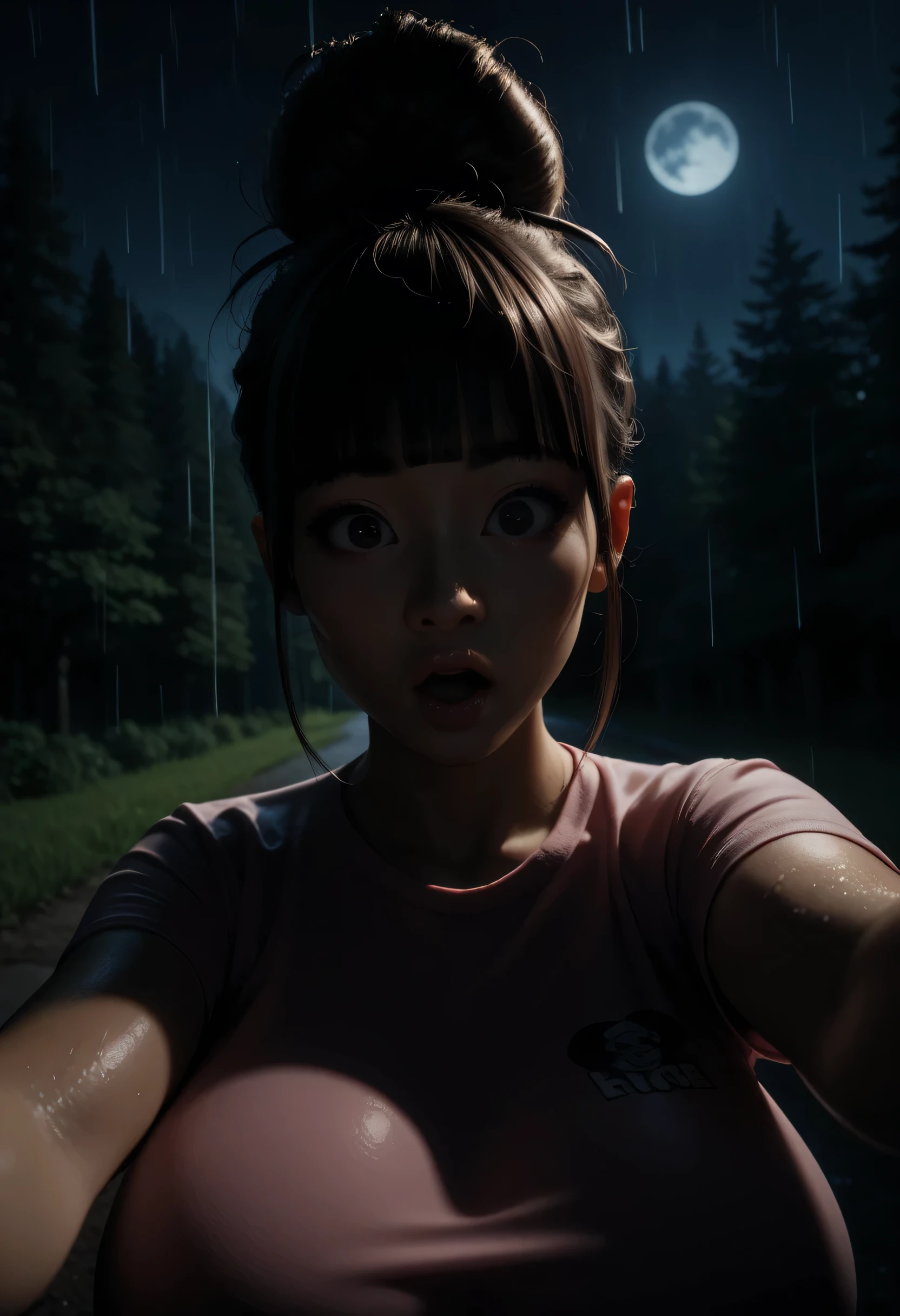((Perfect Face, Female Asian, Face Asian)), Dark Brown Hair, (Big Hair Bun, Hair Up, Hime Cut Hair), Black Normal Eyebrows, Black Eyes, Lips Without Makeup, (Huge Breasts, Perfect Breasts), (Pink T-Shirt), Beautiful Face, (Surprised, Big Eyes, Open Mouth), (Selfie Pov, Looking At Me), ((Night Sky, Forest Road, Rain, Grass)), Wet, ((Dark))