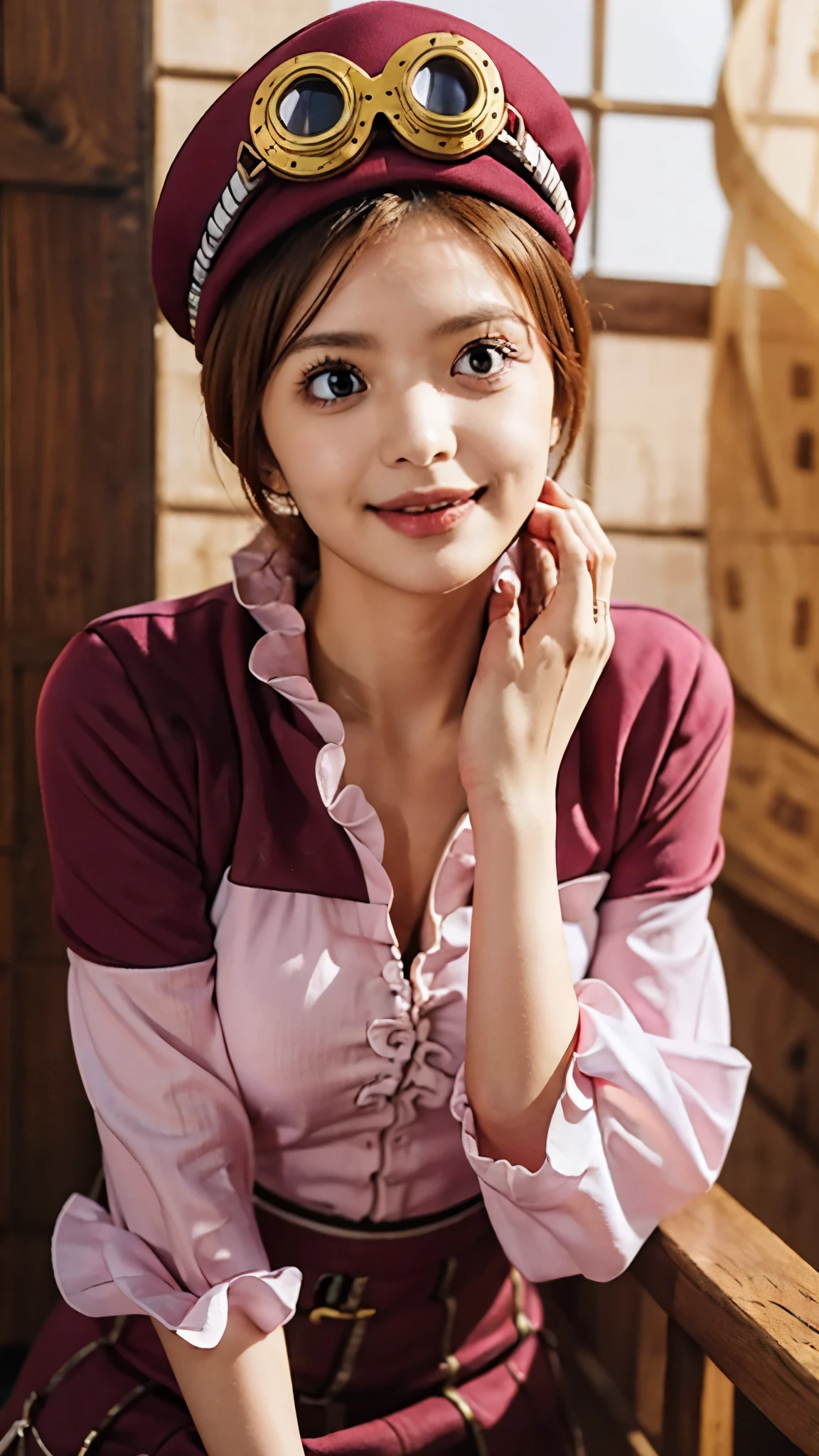Ultra-realistic portrait of Koala from One Piece, depicted as if she exists in the real world. A beautiful young woman with fair skin, soft delicate facial features, and expressive large brown eyes filled with kindness and determination. She has medium-length, wavy light brown hair, slightly tousled, framing her youthful face. Koala wears her signature outfit: a pink blouse with a ruffled collar and sleeves, paired with a maroon corset-like vest and a dark short skirt. On her head, a small black top hat with a ribbon, tilted slightly for charm. She also wears round goggles resting on her forehead, detailed with metallic shine and leather straps.
Her pose is confident yet gentle, with a warm, encouraging smile that reflects her caring personality as a Revolutionary Army member. The background is richly detailed, resembling a Revolutionary Army base — a mix of wooden structures, old maps, and warm natural light filtering through. Textures are hyper-detailed: fabric folds, leather straps, soft skin tone, realistic eye reflections, and natural hair strands with subtle highlights. The style is cinematic and photorealistic, with high dynamic range lighting, ultra-sharp focus, and lifelike depth, making her appear as if captured in a professional portrait photograph