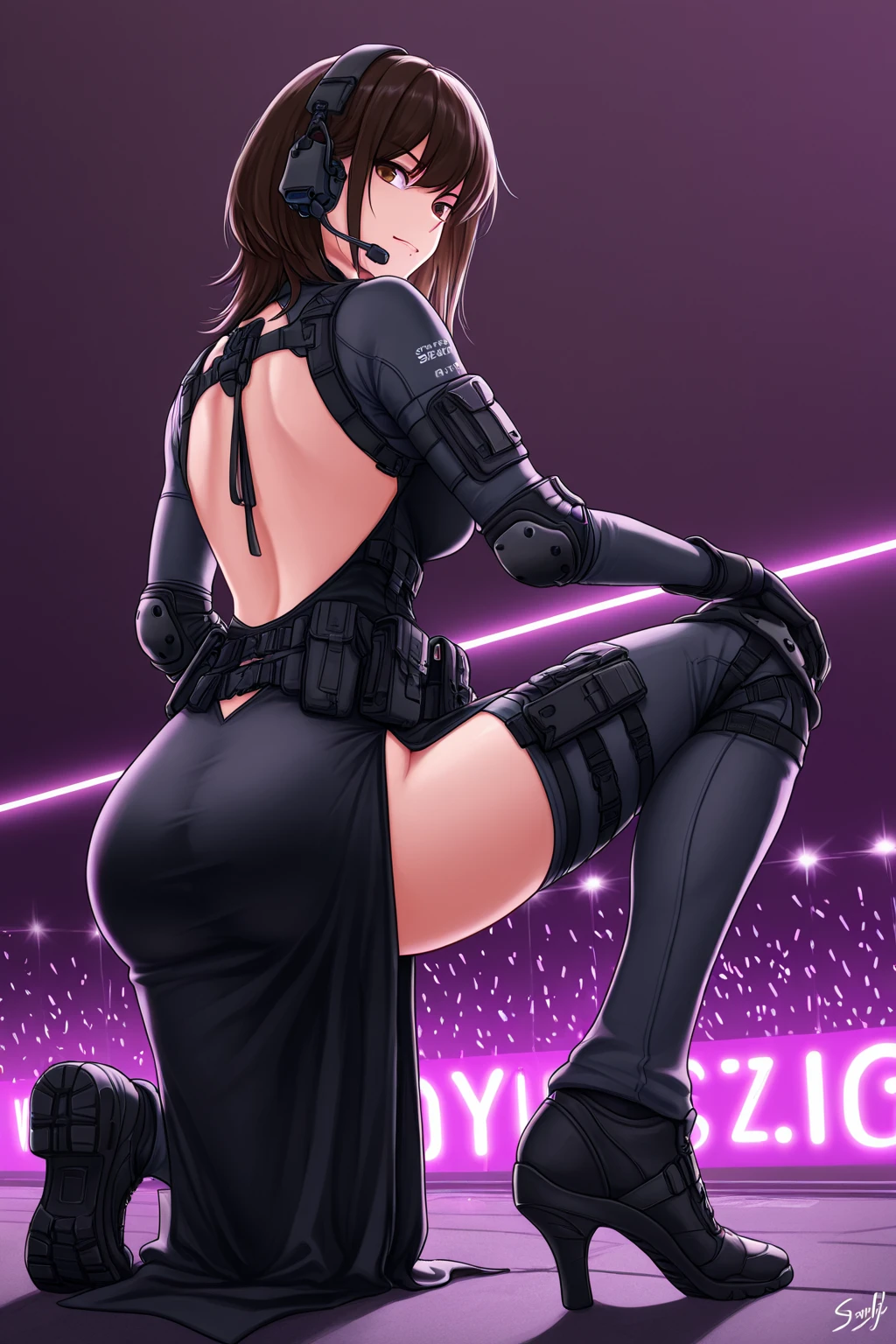 ultra-detailed, ????????, Beautiful body, Beautiful Nose, Beautiful character design, perfect eyes, perfect face, ultra highres, 4K, beautiful legs, perfect legs, Nice hands, Perfect hand, Masterpiece, Best Quality, Highly detailed, illustration, absurdres, perfect ???????, street fighter, doll suit, shadaloo doll, dollsuit, expressionless, blank eyes, looking at viewer, red gloves, emotionless, black latex, corrution, mind control, female combatant, full body, hypnotized, unhappy trance, full body suit, ribbed ????????, both arms at side, obey, perfect female body, extremely glossy latex, hypnosis, hypnoLora, empty eyes, Mind control device, poses, submissive_pose, Slave, stand up straight, standing, standing at attention, hat, necktie, belt, latex, ribbed ????????, thighhighs, garter belt, Fighting Stance, extending the right arm from the shoulder into the air with a straightened hand, military, thigh boots, 1girl, hair ornaments, Black Brown hair, short hair, black eyes, solo, 1girl, miya tachibana, from back, looking from back, view from back, ???