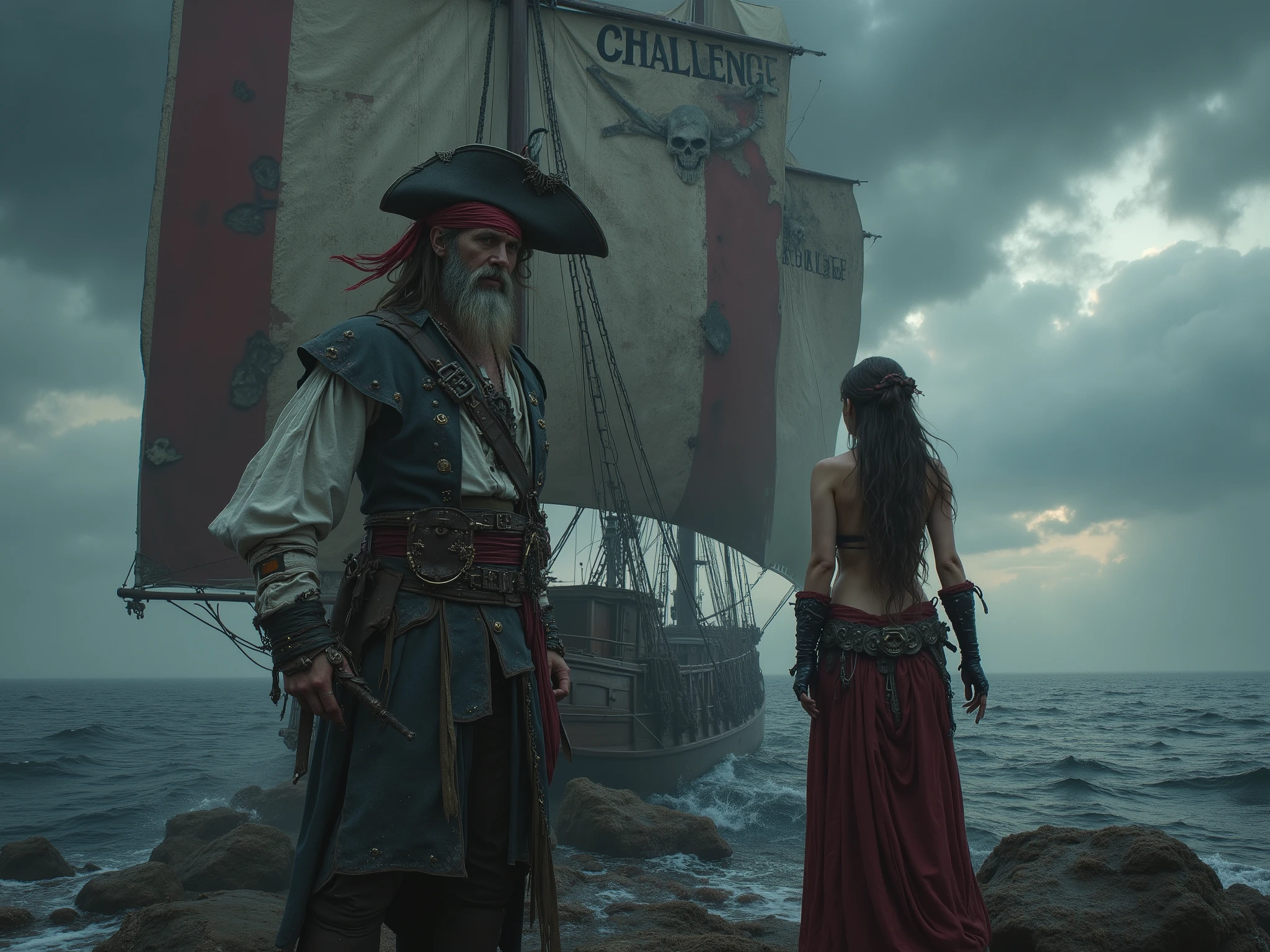 landscape, dark fantasy pirate theme, a bearded man pirate and a female pirate, both sensual and intriguing, standing on a ship deck, "CHALLENGE" written large on the sail, robotic skull Jolly Roger flag, stormy sky, dramatic lighting, cinematic composition, highly detailed, epic atmosphere
