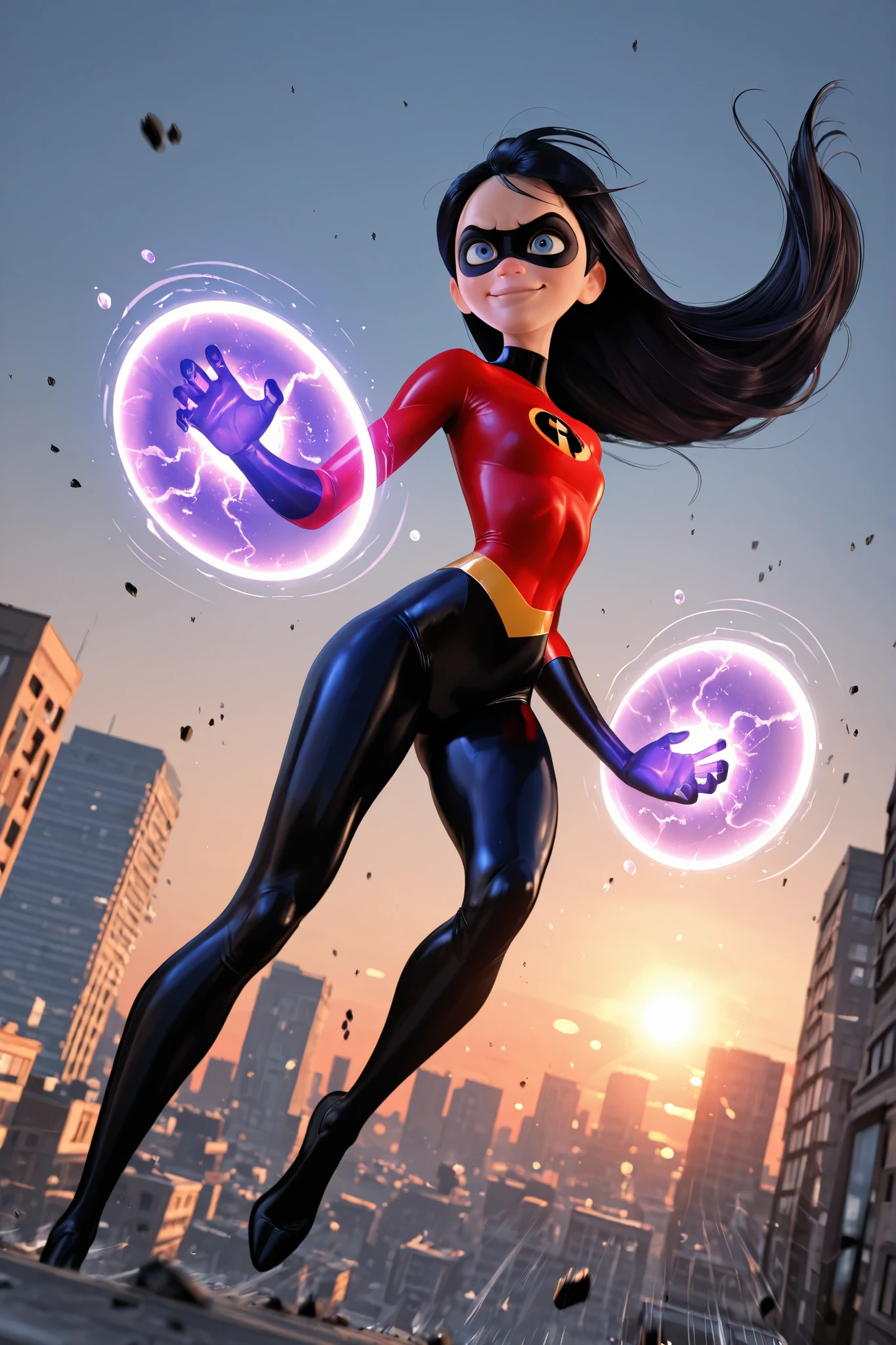 Masterpiece, highres, 4k, UHD, very detailed, (violet_parr), the_incredibles, i logo, incredibles suit, beautiful, young girl, solo, ultra-detailed, athletic female, mask, purple red bodysuit, teenage girl, long straight black hair, blue superhero suit with red i logo, slim athletic build, force field energy bubble, purple energy effects, invisible force shield, dynamic action pose, determined expression, blue eyes, confident smile, particle effects, glowing energy, urban environment, city rooftops, sunset sky backdrop, motion blur, dramatic lighting, lens flare, superhero action scene, floating debris, wind effects, hair flowing dramatically, action composition, depth of field, dramatic camera angle, low angle shot, power stance, 3d render style, pixar inspired, detailed shading, ambient occlusion, volumetric lighting, cinematic atmosphere, intense mood, digital art, motion lines, impact effects, environmental interaction