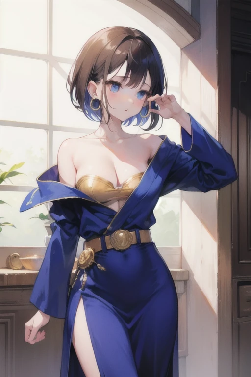 masterpiece, best quality, highres, ddbalti, short hair, ahoge, choker, blue cape, single bare shoulder, evening gown, cleavage, collarbone, black dress, side slit, <lora:baltimore_v1:0.7>, sitting, smile, room,