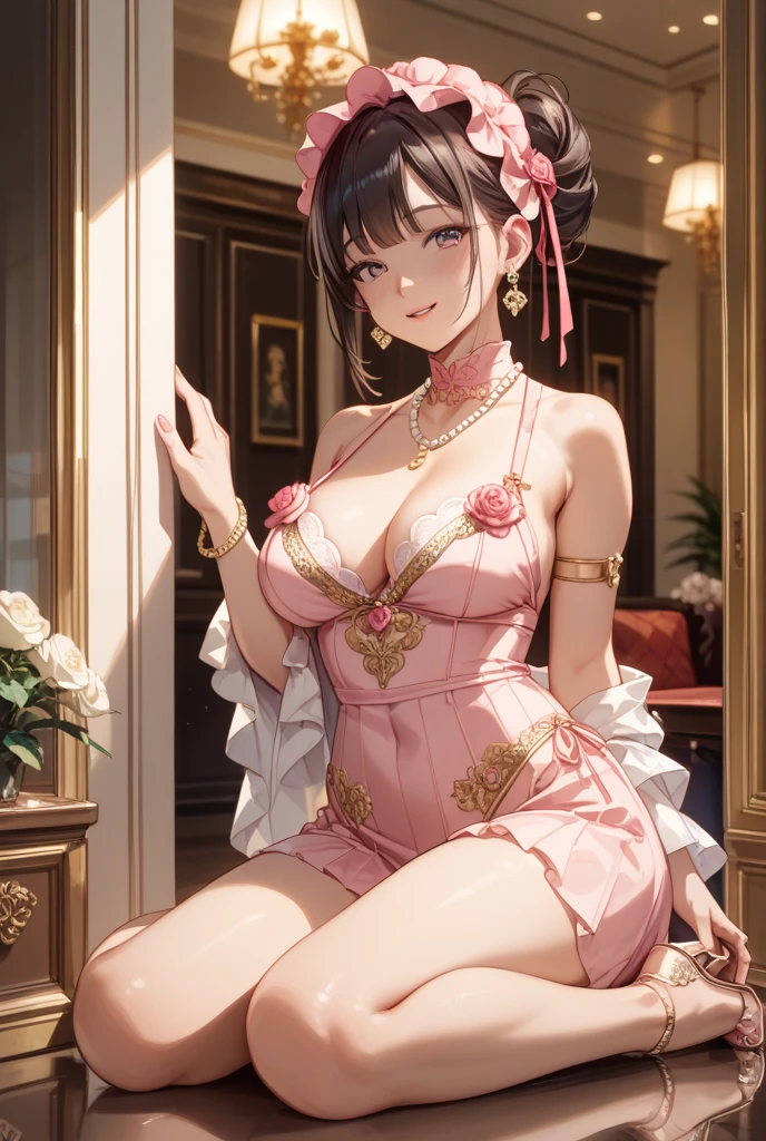 Group of 5 princesses,(5 young women,many young women), (in the bedroom), Various hair styles, harem, Wear a strapless Thai dress...,(very good,no panties) at night, detailed face,Complete breasts,fully, ((big breasts,Breast curtain,Partially )) short skirt, mule, Sleeveless , Show your armpits, at night, starry at night,(large :1.4,pink,The  are clearly visible.....),((Various positions),(Look at the viewer.:1.5),milf, Highest quality、Highest picture quality、Masterpiece