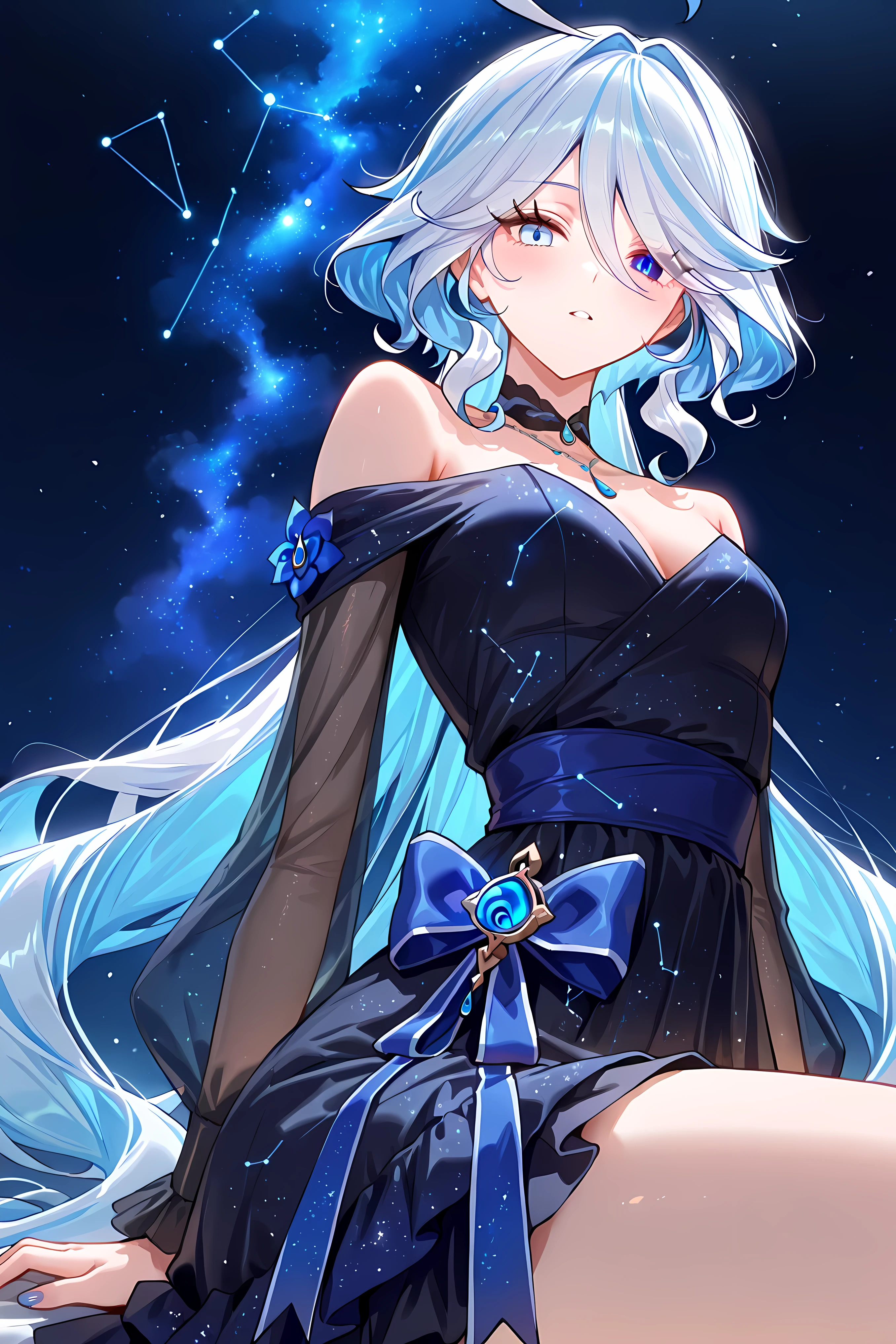 score_9, score_8_up, score_7_up, masterpiece, best quality, very aesthetic, absurdres, tunning image, light particles, attractive image, 1girl, adult grown woman, solo, furina \(genshin impact\), very long hair, blue striped hair, ahoge, heterochromia, blue eyes, light blue eyes, drop-shaped_pupils, small breasts, masterpiece,best quality,amazing quality, ero404, noona, 5 fingers, nails, alternate costume, black evening gown, glowing blue accents, galaxy pattern, asymmetrical off-shoulder, layered skirt, ribbon waist flower, starlit gradient, transparent sleeves, satin and mesh blend, luminous bow, animated shimmer, high fashion, ethereal elegance, constellation style, celestial details