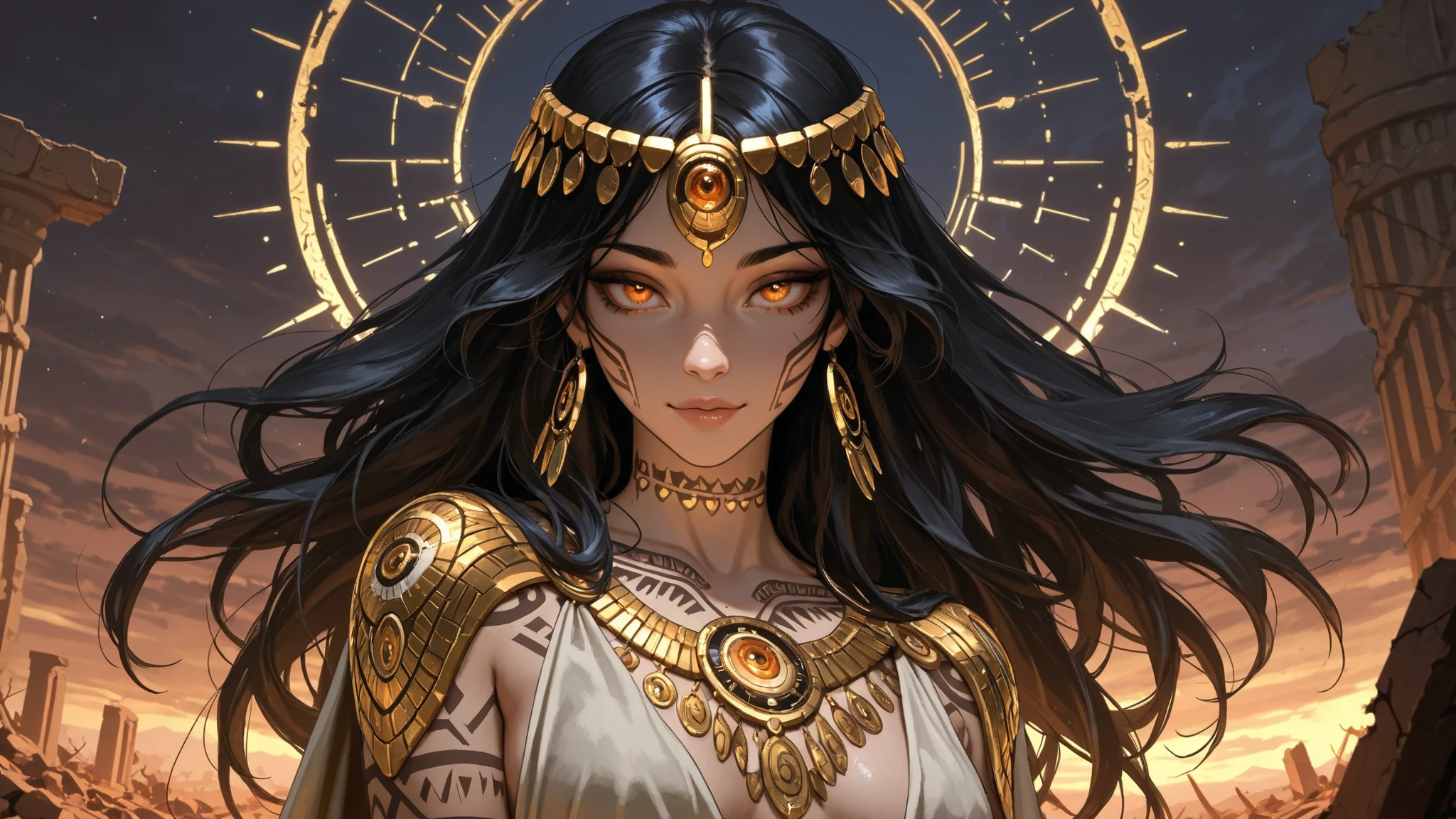 Photo Quality, Masterpiece, Ultimate Details, Seductive Woman, Black Hair Semi-long, Amber Eyes, kind expression, White and Gold Decorative Robe, Shoulder Design, tribal tattoo, Ruins of Undeveloped Lands, Mysterious Light, fantastic background, soft dusk