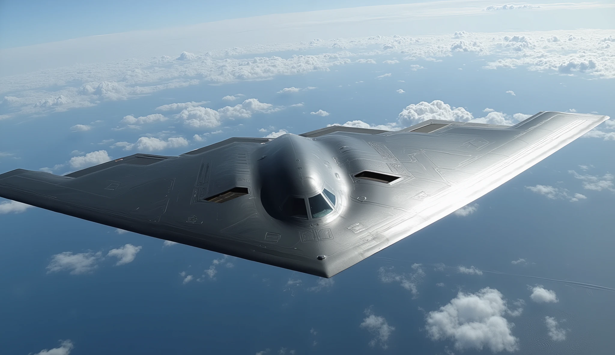 masterpiece, Highest Quality,(6th generation stealth fighter:1.5),silver,Around、 Countless autonomous drones swarming around,( There is no vertical tail :1.5),( Flat aircraft like a manta ray without a vertical tail :1.5),( There are multiple drones :1.5),( The surface of the aircraft is smooth and there are no visible seams :1.5), Two-engine aircraft with no vertical tail ,Futuristic form,(The cockpit is small :1.5),( There is no vertical tail :1.5).(flat aircraft like a manta ray without a vertical tail:1.5),