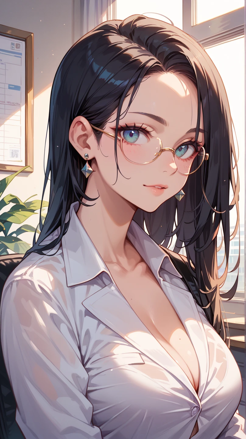 (masterpiece, best quality), 1girl, bell, black skirt, breasts, brown eyes, choker, cleavage, glasses, huge breasts, lips, long hair, miniskirt, nose, pantyhose, pencil skirt, pocket, blue hair, shirt, skirt, skirt tug, white shirt, simple background