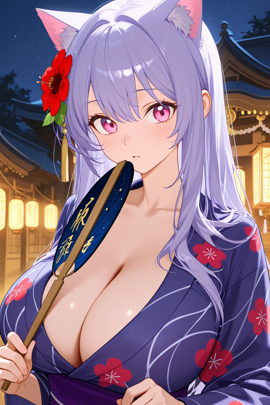 anime,  Night Shrine, A very attractive woman(18), purple long hair, pink eyes, Cat ears, Big Breasts(1.1), cleavage, yukata(Light blue with red flower pattern), Fan(japanese-style round-type fan)Hold it on your chest in one hand, bust view, close-up zoom, The night sky and multiple lanterns of the shrine look vague in the background
