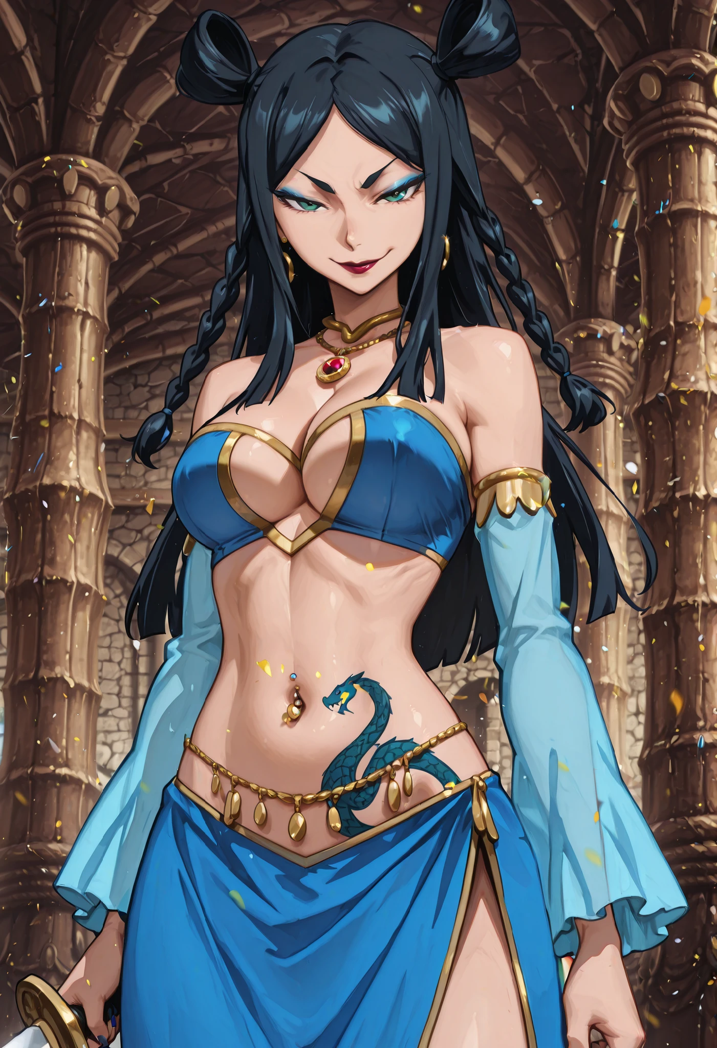 m1n1eb,1girl,solo,black hair,long hair,double bun,twin braids,blue eyeshadow,dark green eyes,lipstick,
makeup ,nail polish, ear piercing , long hair , , lipstick , Hot girl , baddie , smoking , bad attitude , mean girl , sensual , attractive , , cross necklace , , choker ,harem outfit, tassel, silk, gloves, golden belly chain, golden jewelry, gem, red gemstone, transparent pelvic curtain, curtains, revealing clothes, arabian clothes, detached sleeves, long sleeves, covered , see-through, clothing cutout, cleavage, shoulders, cleavage, navel, skinny,, closeup, elegant makeup, castle,inside castle, masterpiece, best quality, highly detailed ,gold_choker, complex detailed background, inside, holding a sword, sword,harem_outfit,navel, necklace, pelvic_curtain,revealing_clothes, veil, masterpiece,best quality,mature,evil smile ,necklace,pendant, () , exposed belly, exposed navel, midriff, exposed lower belly, ,cleavage, navel piercing , east asian architecture,, palace, , medium ,looking at viewer , dragon tattoo on waist, narrowed eyes, tattoo on waist, anipai_style , anime screencap , anime coloring, v-shape eyebrows,