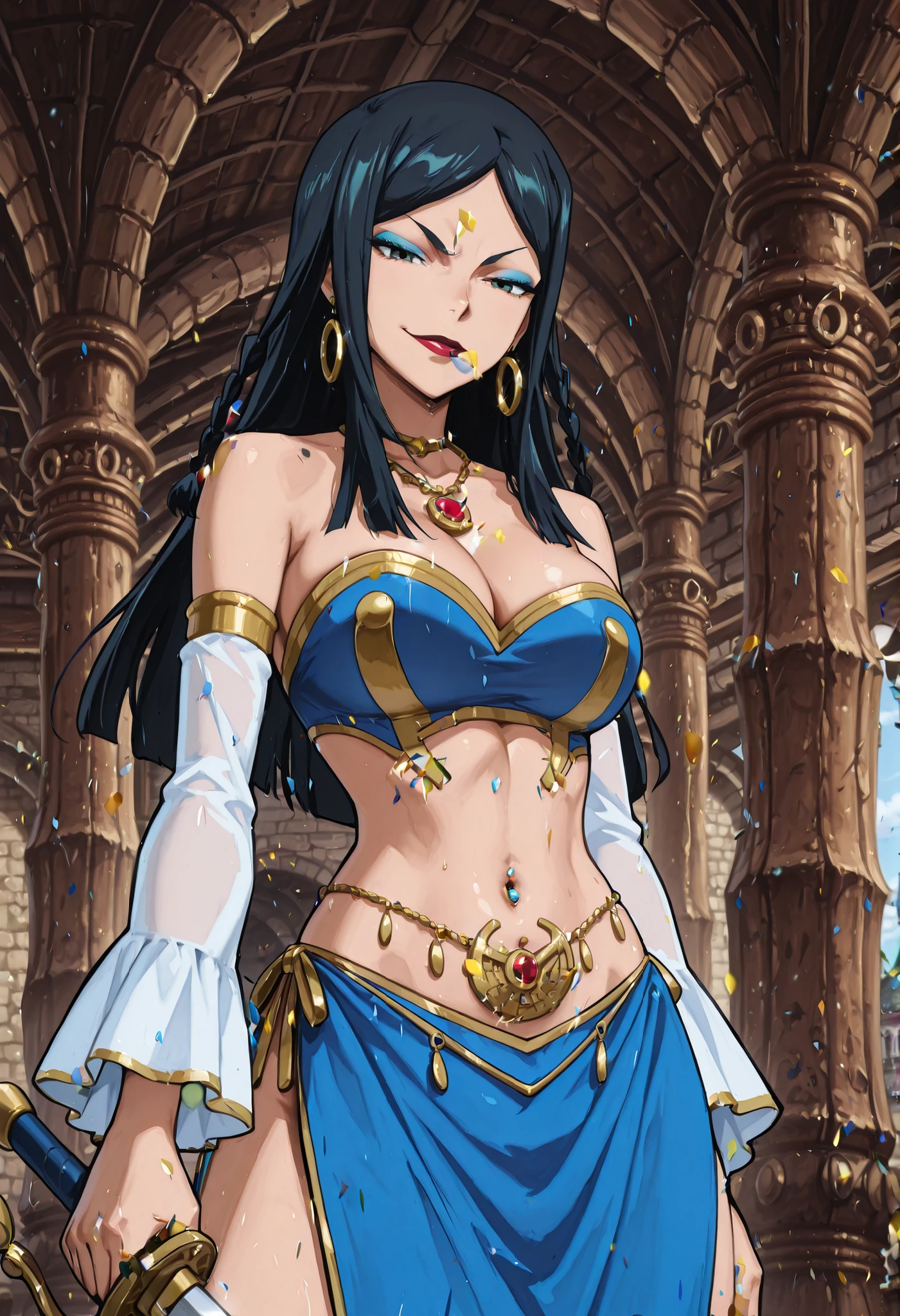 m1n1eb,1girl,solo,black hair,long hair,,blue eyeshadow,dark green eyes,lipstick,
makeup ,nail polish, ear piercing , long hair , , lipstick , Hot girl , baddie , smoking , bad attitude , mean girl , sensual , attractive , , cross necklace , , choker ,harem outfit, tassel, silk, gloves, golden belly chain, golden jewelry, gem, red gemstone, transparent pelvic curtain, curtains, revealing clothes, arabian clothes, detached sleeves, long sleeves, covered , see-through, clothing cutout, cleavage, shoulders, cleavage, navel, skinny,, closeup, elegant makeup, castle,inside castle, masterpiece, best quality, highly detailed ,gold_choker, complex detailed background, inside, holding a sword, sword,harem_outfit,navel, necklace, pelvic_curtain,revealing_clothes, veil, masterpiece,best quality,mature,evil smile ,necklace,pendant, () , exposed belly, exposed navel, midriff, exposed lower belly, ,cleavage, navel piercing , east asian architecture,, palace, , medium ,looking at viewer , dragon tattoo on waist, narrowed eyes, tattoo on waist, anipai_style , anime screencap , anime coloring, v-shape eyebrows,