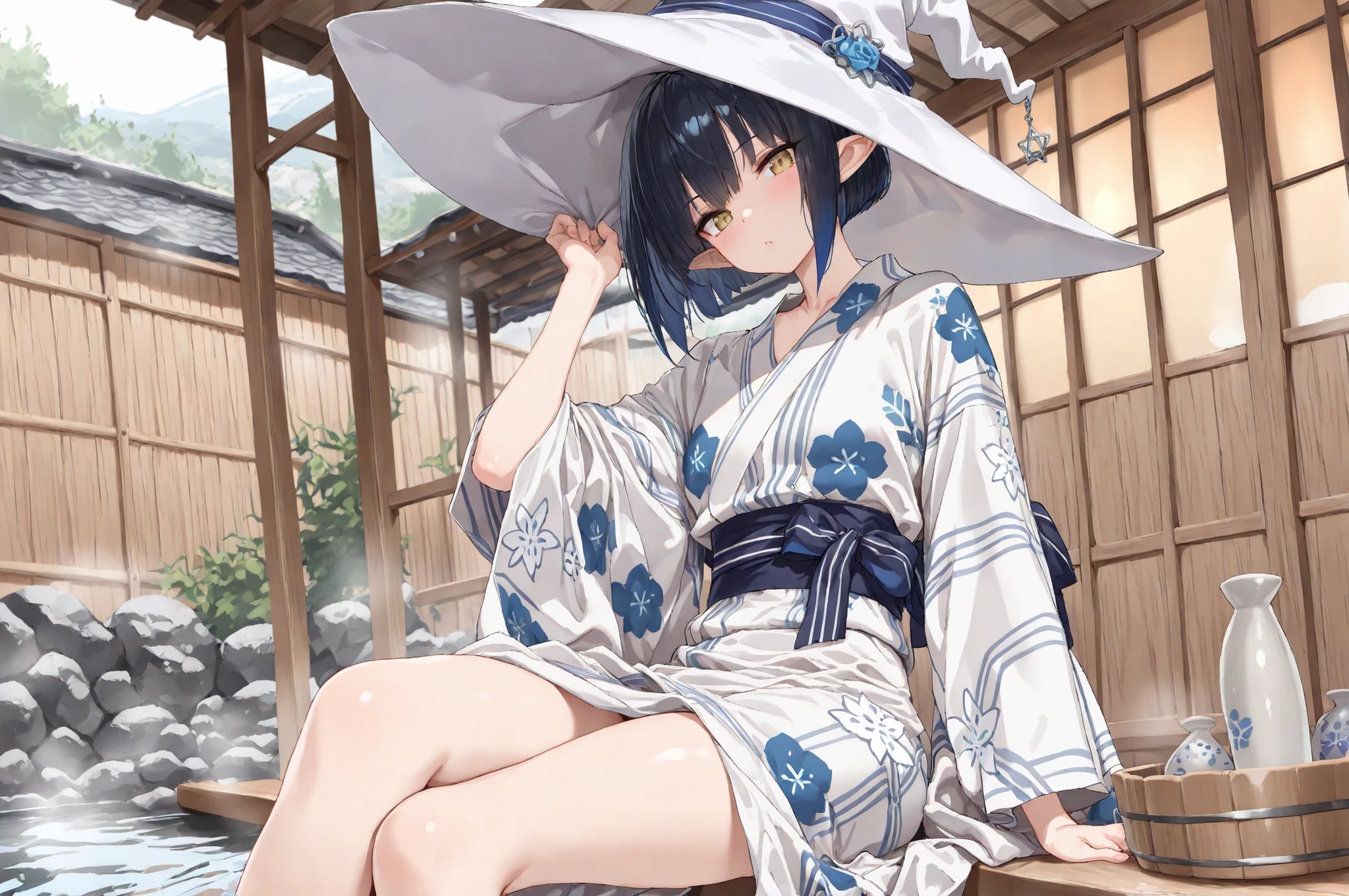 ((Best quality, 8k, Masterpiece: 1.3)), ((best quality)), ((masterpiece)), (detailed), A witch wearing a yukata. Elf. Pointy ears. Blue graduated bob haircut. Wearing a white witch hat and a yukata. A white yukata with a floral pattern. Sightseeing in a hot spring town. sitting