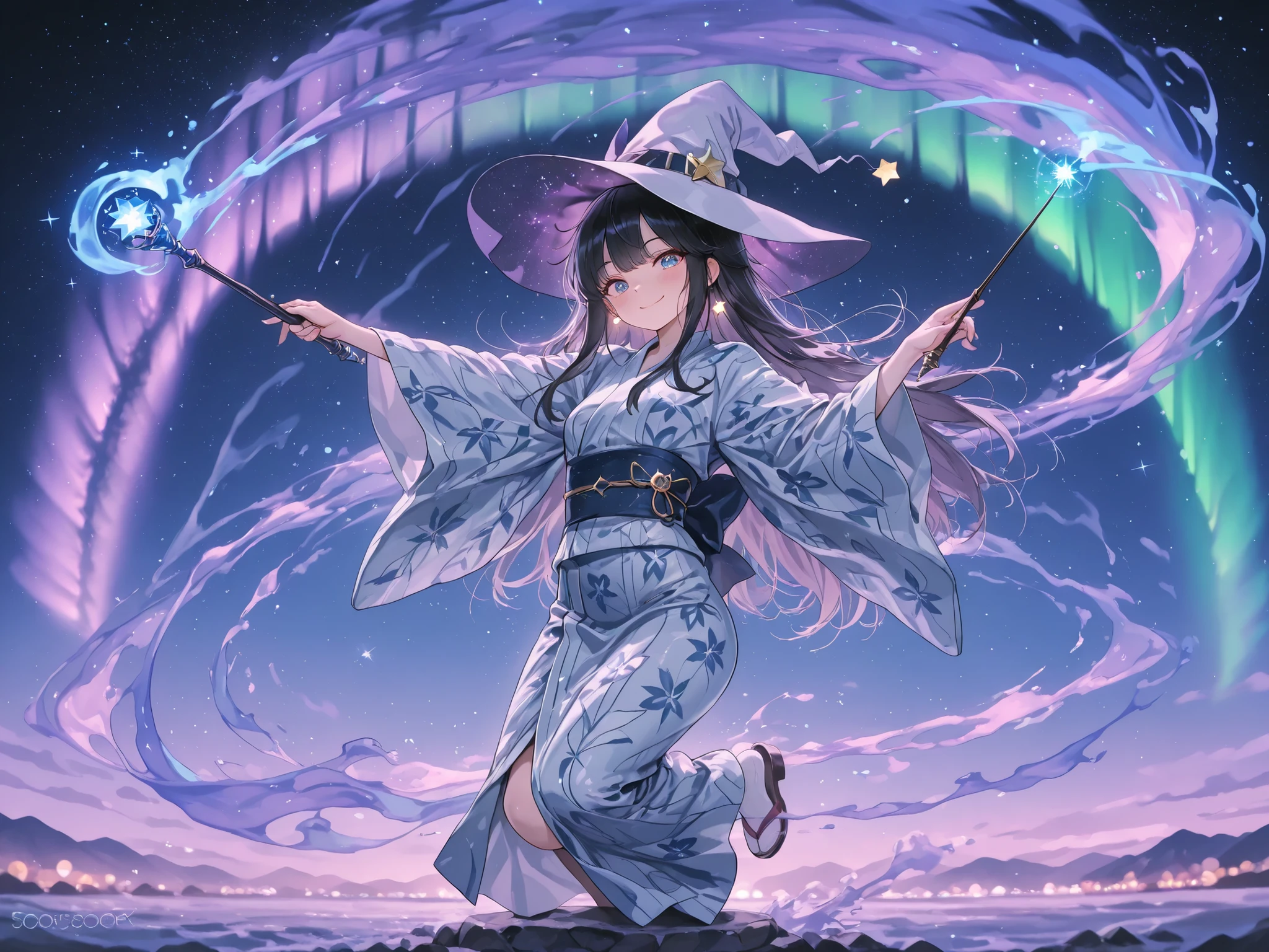 masterpiece, best quality, amazing quality,{1 Witch}:(She is wearing Yukata while flying on her magic broomstick holding her wand). Night background illuminated by an aurora borealis. 