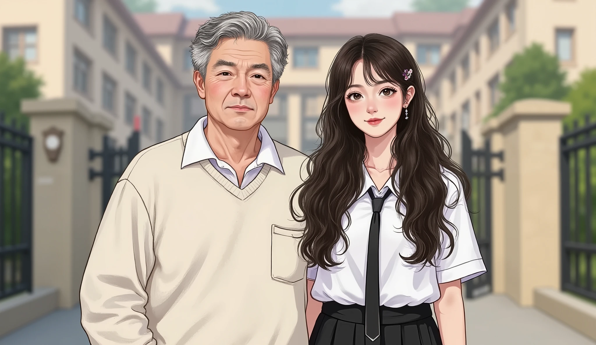 half-body portrait of a father around 50 years old with visible wrinkles, standing beside his high school daughter (grade 12). Focus only on the two characters. The daughter is wearing a black and white school uniform (white shirt with black skirt), the father wears simple mature clothing. Semi-realistic + manhwa style, natural Douyin makeup for the girl, fair skin. Background: blurred high school campus with school gate or classroom buildings, warm and emotional atmosphere.