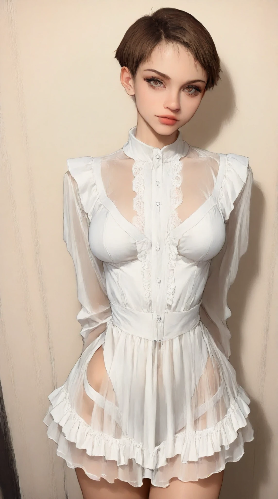 white dress, frilled dress, sleeves past wrists, see-through,,rsgrl, russian girl, cute russian girl,USSR Pioneer, score_9, score_8_up, score_7_up, summer park, detailed eyes, (full body shot:1.2), (skinny body:1.2), curvy, (hands behind her back:1.2), seductive pose, (looking at viewer, 16k vector photography, young , beautiful eyes, realistic lighting, detailed outfit, realistic facial features, hyper detail, (perfect view, focus on face hips and breastegane)), (very short hair:1.3), small bursting breast, eyelashes, brown hair, big brown eyes, zal, detailed, full body shot, YR_GradLight, RSGRL, curvy figure, seductive girl, sluty