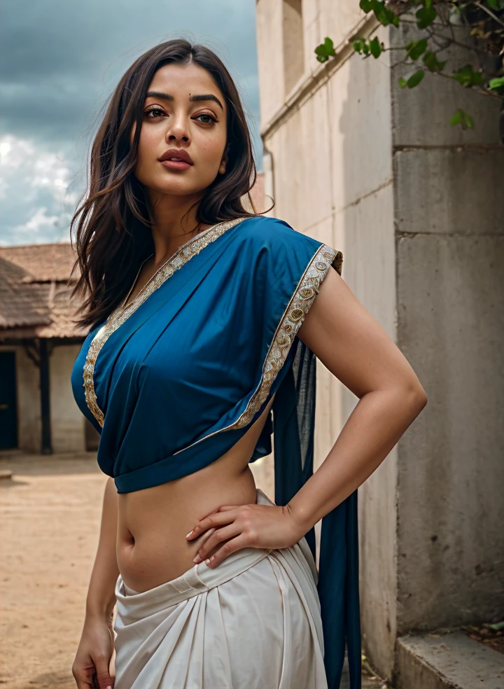 A beautiful gorgeous cute white airhostess wearing an ultra low rise saree as airline uniform and standing inside a plane putting the luggage up in the cabin, her saree is dark blue, the angle shows everything and is far, Ultra realistic, natural, UHD, detailed, accurate, photorealistic, 8K resolution