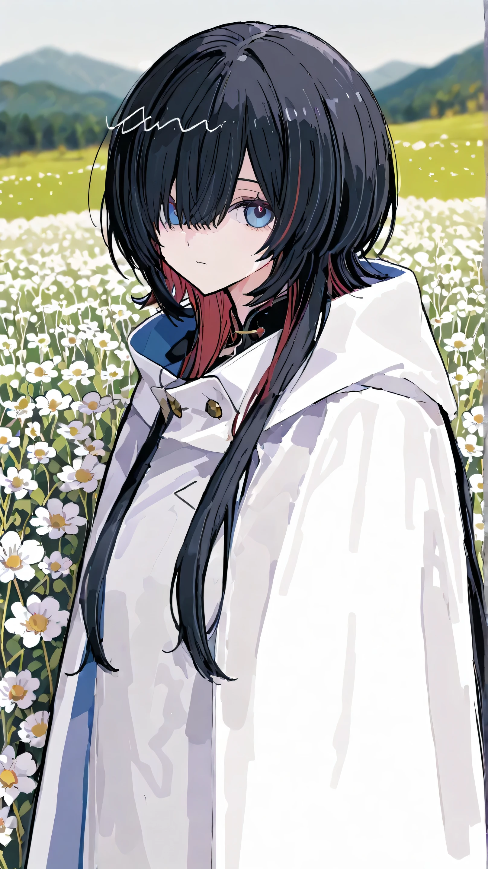 detailed,super fine illustration,748cmstyle,1girl,hair over one eyes,looking at viewer,black hair with red highlights,lgiht blue eyes,wolf cut hair,very long hair,white cloak,blurry background,hill,upper body,white flower field
