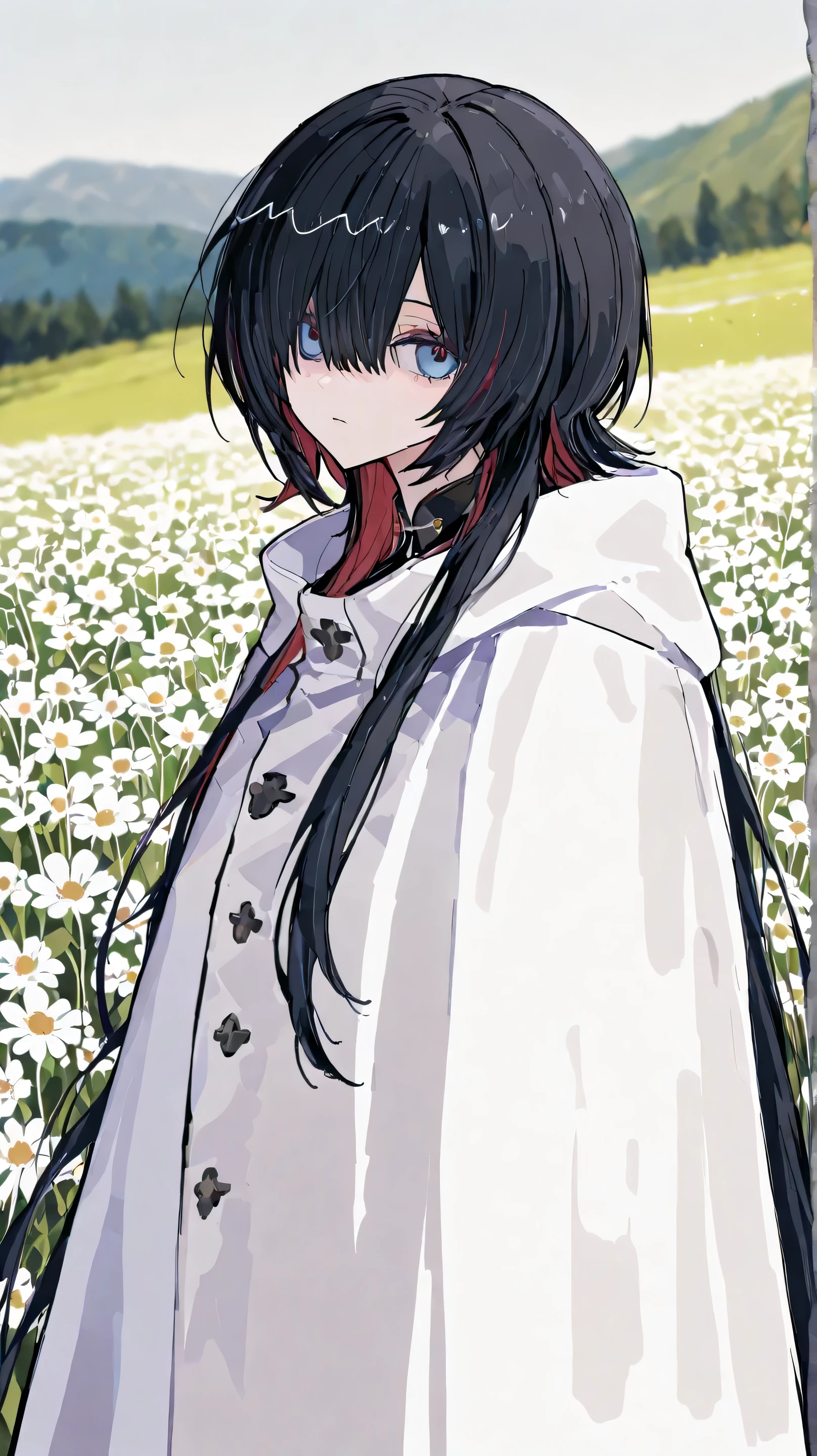 detailed,super fine illustration,748cmstyle,1girl,hair over one eyes,looking at viewer,black hair with red highlights,lgiht blue eyes,wolf cut hair,very long hair,white cloak,blurry background,hill,upper body,white flower field