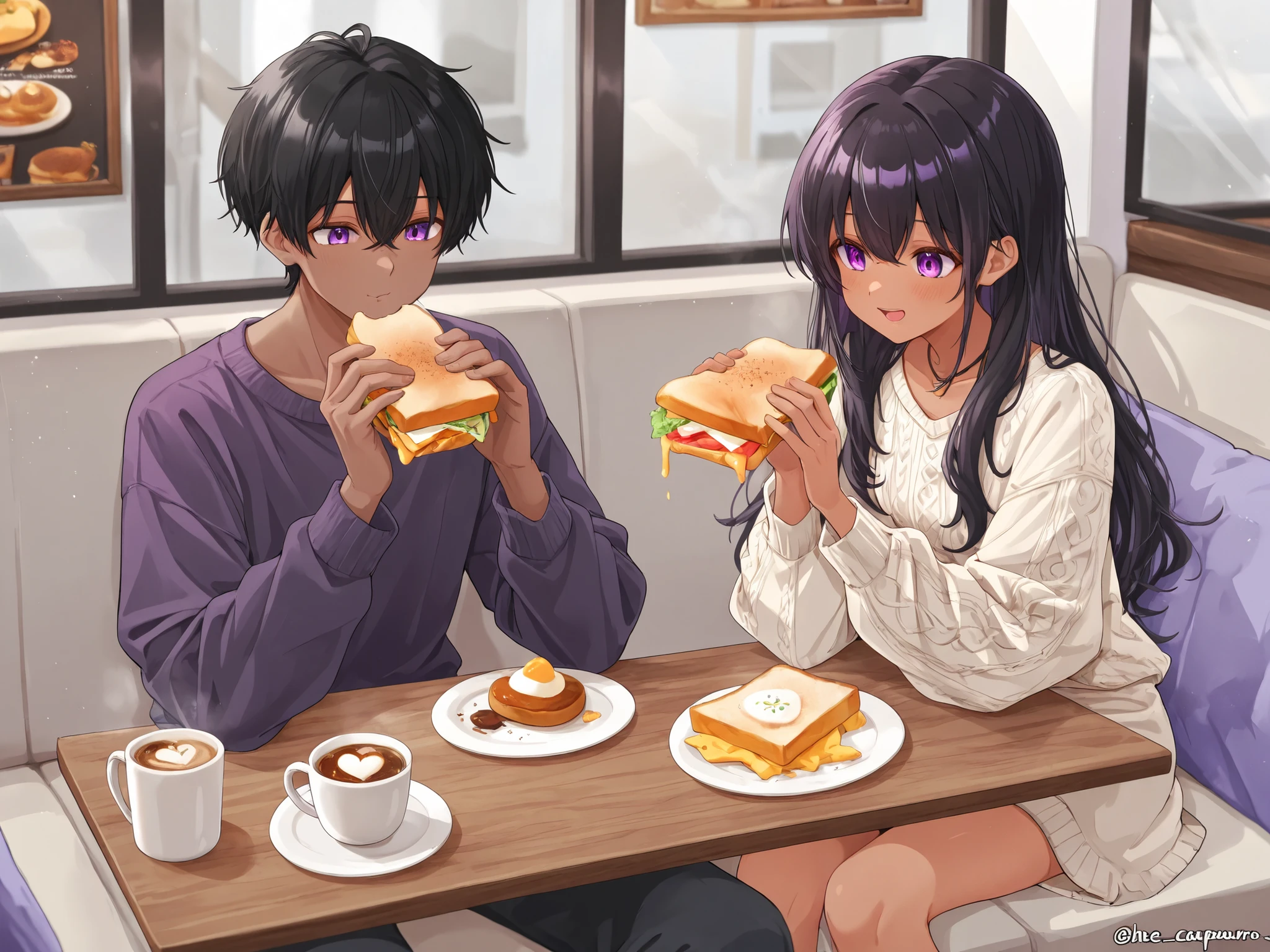 {1 men}:(Dark skin, black hair, purple eyes, he is wearing simple casual clothes sitting); He is having breakfast with his {1sister}:(here dark skin, purple eyes). A cappuccino accompanied by a cheese sandwich, simple and cozy atmosphere.
