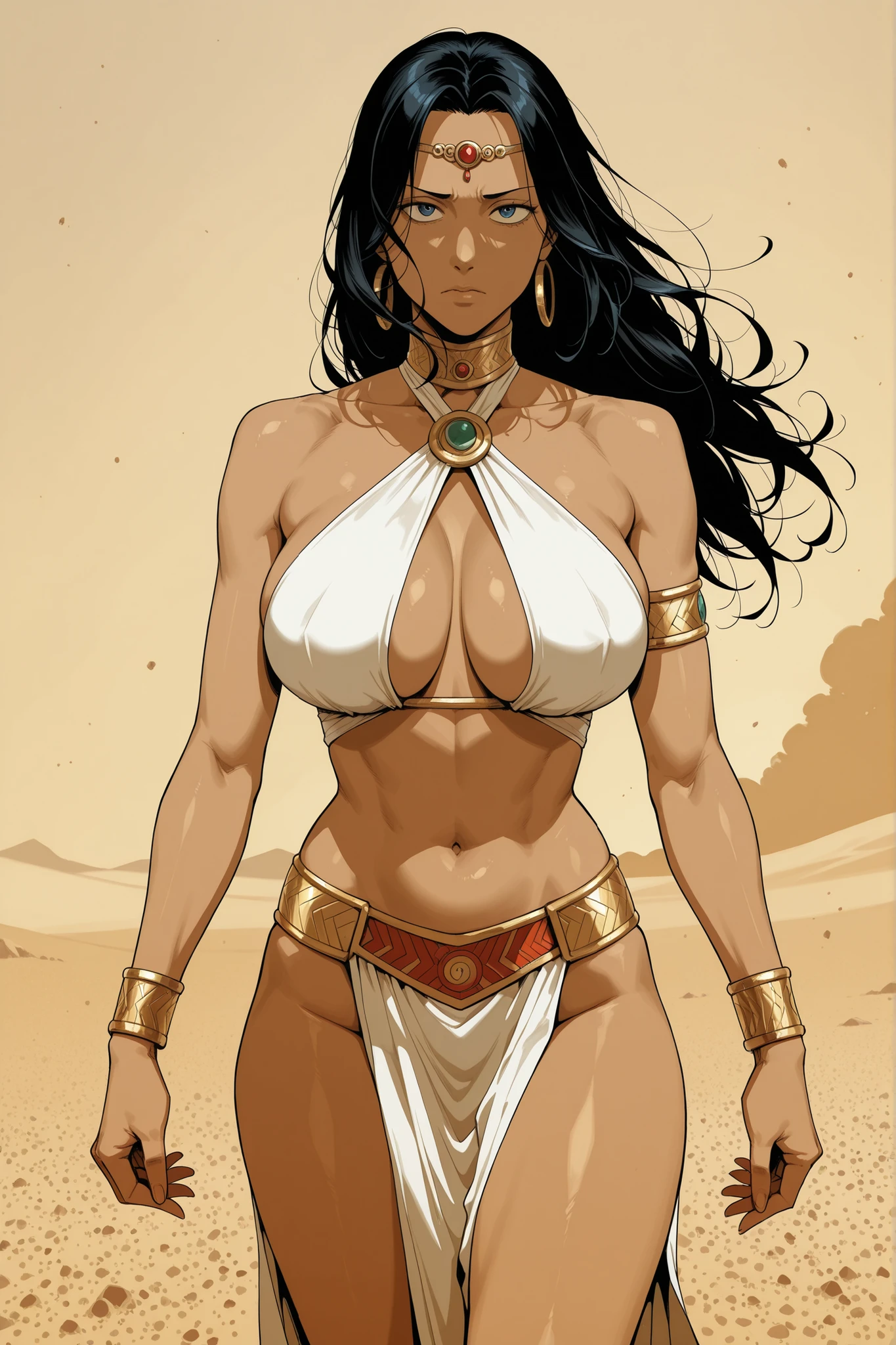 bracelet, clothing cutout, pelvic curtain, halterneck, armlet,,score_9, score_8_up, score_7_up, score_6_up, score_5_up, score_4_up, (masterpiece), Anime source, best quality, Anime illustration, stylized, pulp art, (masterpiece), best quality, high quality, 8K Ultra HD, warrior looking to viewer, scared torso, warrior look, sandstorm behind, anime style
(intricatedetails), (UHD 8K), (detailedeyes), 