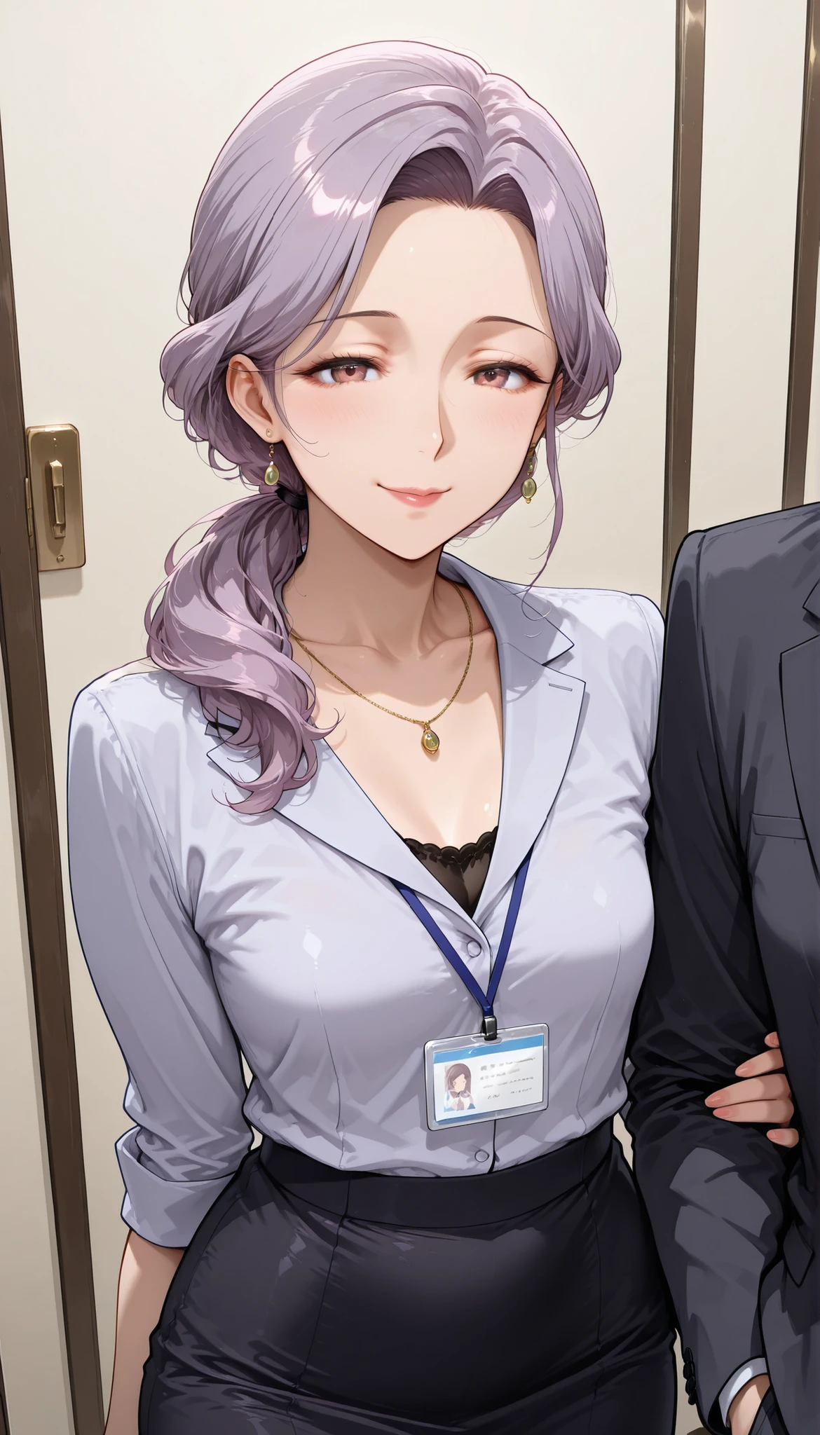 Beauty Mature Woman small breasts sexy charm office lady shirt slit skirt strict expression Light Purple Hair angle from behind