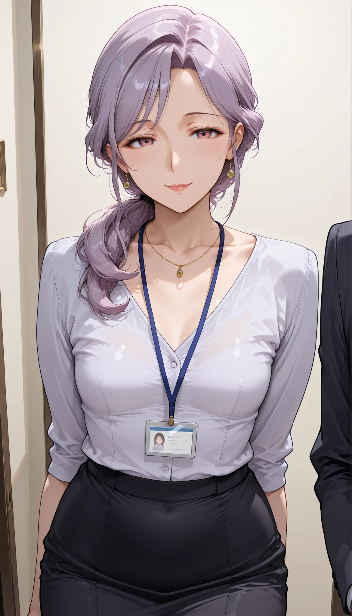 Beauty Mature Woman small breasts sexy charm office lady shirt slit skirt strict expression Light Purple Hair angle from behind