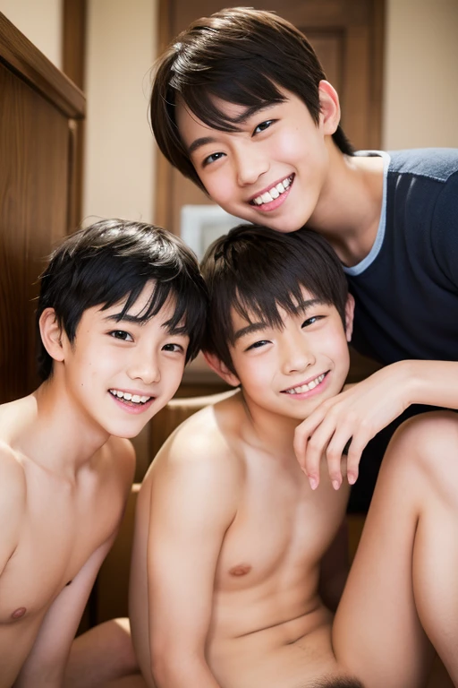 Two Japanese、Both are 14-year-old males.、Well-developed muscles and smooth skin、very short black hair、Friendly and relaxed smile、Open mouth smile、Colorful small boxer briefs、The whole body is visible、In a small locker room、Anatomically correct body