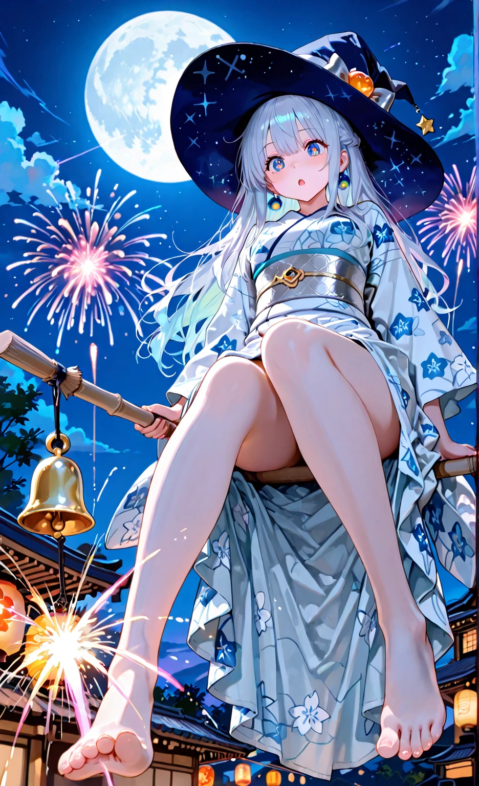 masterpiece, best quality, high resolution, side perspective, magical girl perched on floating broom, traditional blue yukata with moon and cloud pattern, silver obi swaying, witch hat with bells, bare feet swinging, amazed expression watching fireworks, festival stalls below, colorful explosions reflecting in eyes, magical energy trails, at night