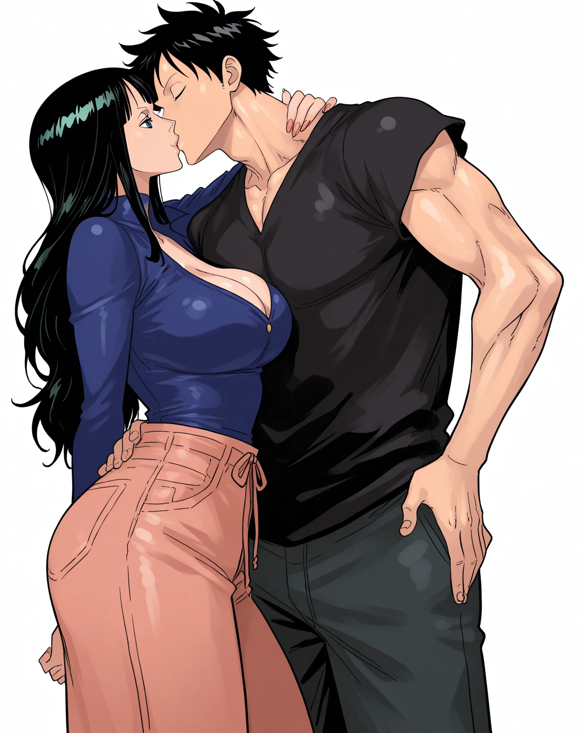 art by Eiichirio Oda, moonlit night, hotel room, dark ambient, nico robin wearing a long sleeve party frog dress which is grey colour, wet body, luffy is wearing a red shirt and a denim pant, luffy is ?????????? nico robin, luffy and nico robin are sweating, they are looking at the viewer 