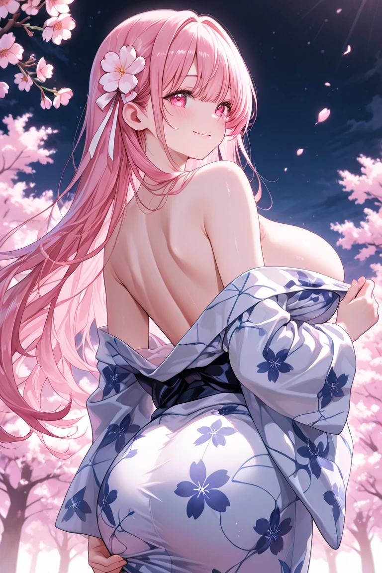 Masterpiece、Highest quality、Super detailed、1 girl、Light pink hair、Fluffy and soft long hair、Starry eyes、Big Tits、Cleavage、Too big breasts、yukata、Wide open chest、firework、Night Sky、smile、Lace cape、Earrings、garter belt、Belly button