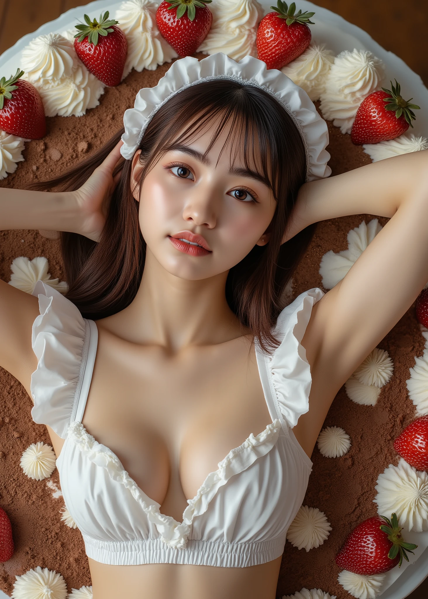 This is a picture of a young and very beautiful woman lying inside a huge decorated cake、Women spread their legs 、woman with her hands on the back of her head、Woman wears whipped cream on her maid collar、Woman wears a whipped cream ruffle headband on her head、Cream-stained Body、Background：Cut Fruit、cocoa powder country、 Thigh Composition 、taken from above、Fine Art Digital Painting, intricate details, Cinematic lighting, bright colors, Nikon Z7 II Fantasy taken with a mirrorless camera, surreal, (anatomically accurate:1.5, textured skin), (Highest Quality,4K,8k,high resolution,masterpiece:1.2),ultra detail,(realistic,photo-realistic,photo-realistic:1.37), high resolution, super high resolution, super realistic, enchanting, charming