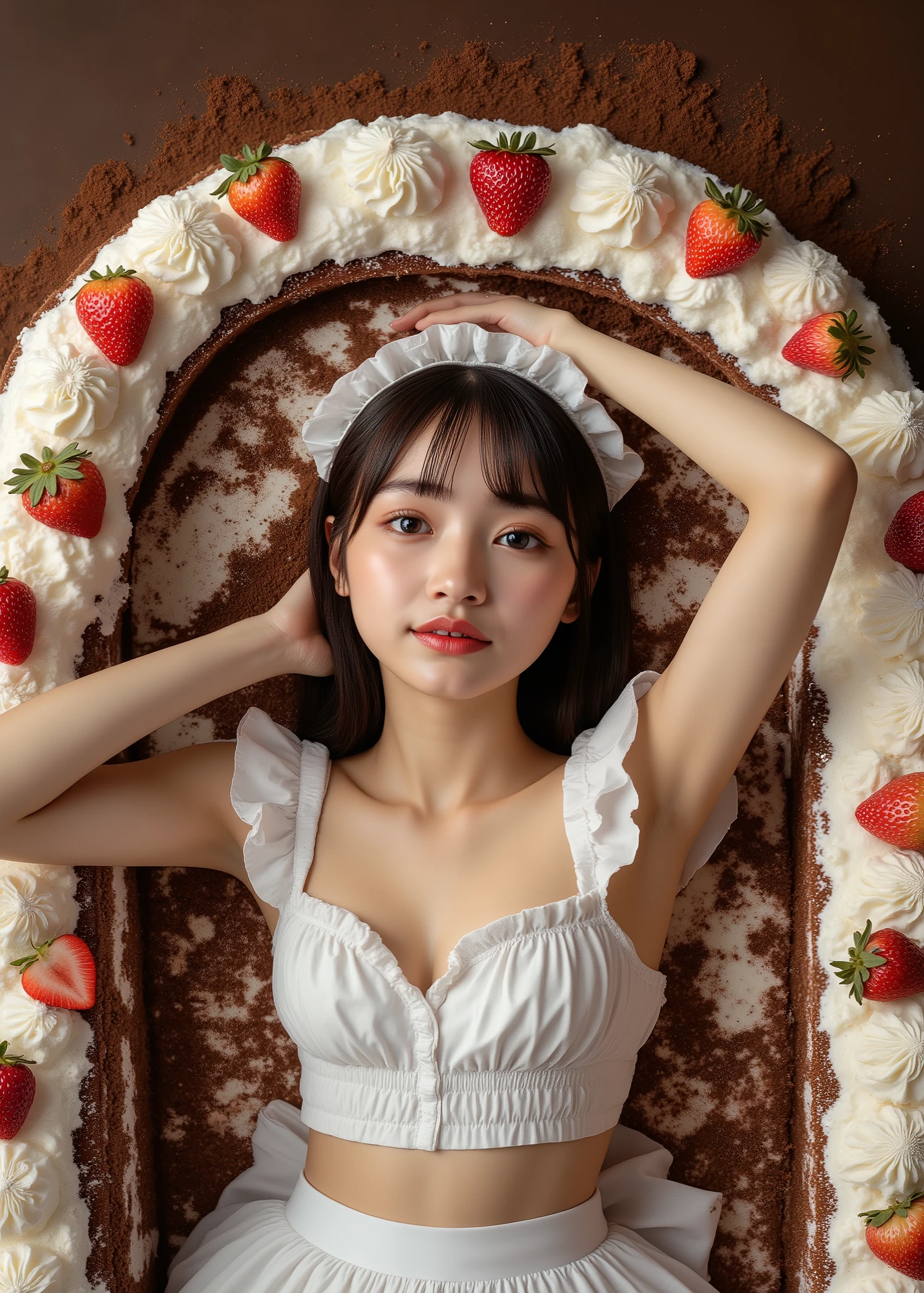 This is a picture of a young and very beautiful woman lying inside a huge decorated cake、Women spread their legs 、woman with her hands on the back of her head、Woman wears whipped cream on her maid collar、Woman wears a whipped cream ruffle headband on her head、Cream-stained Body、Background：Cut Fruit、cocoa powder country、 Thigh Composition 、taken from above、Fine Art Digital Painting, intricate details, Cinematic lighting, bright colors, Nikon Z7 II fantasy shot with a mirrorless camera, surreal, (anatomically accurate:1.5, textured skin), (Highest Quality,4K,8k,high resolution,masterpiece:1.2),ultra detail,(realistic,photo-realistic,photo-realistic:1.37), high resolution, super high resolution, super realistic, enchanting, charming
