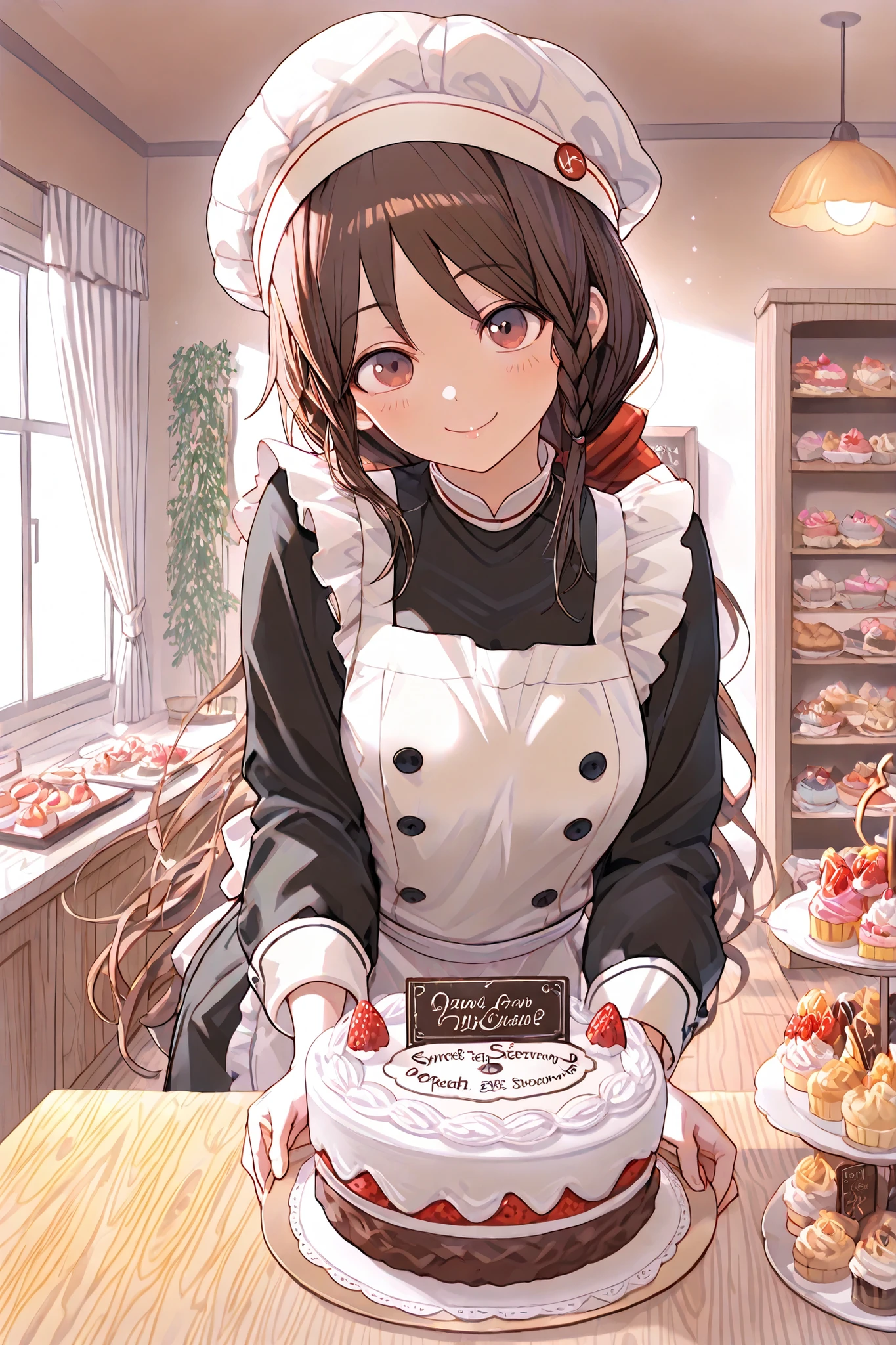 Highest Quality, super high resolution, Masterpiece, A cute pastry chef, Smiling Girl, In front of the showcase, bright atmosphere, white cook hat, Chef Clothing, apron visible from the outside, Nameplate on the , ponytail, braids,A net hat to hold hair up, sense of cleanliness, A gorgeous cake display case, multicolored cake, macarons, tarts, Fresh Cream Decor, Fruit decoration, Chocolate work, Inside the Patisserie, Warm Lighting, clean workbench, Fresh Bread Scent, Sweet aroma of cake, Careful handwork, Decorating with a piping bag, cream, Making delicate cakes, Serious Expression, gentle smile, Customer service, Explanation to customers, Vivid Expression, Atmosphere of Enjoying Work, Adorable In-store Decor, antique furniture, lace curtains, A warm wooden counter, Stylish lighting, Professional techniques, Careful Work, A gorgeous and charming atmosphere, sense of cleanlinessのある空間, inside the store where the morning light shines in, Preparing to arrange cakes, serenity before opening , A lively customer service scene, happy expression
