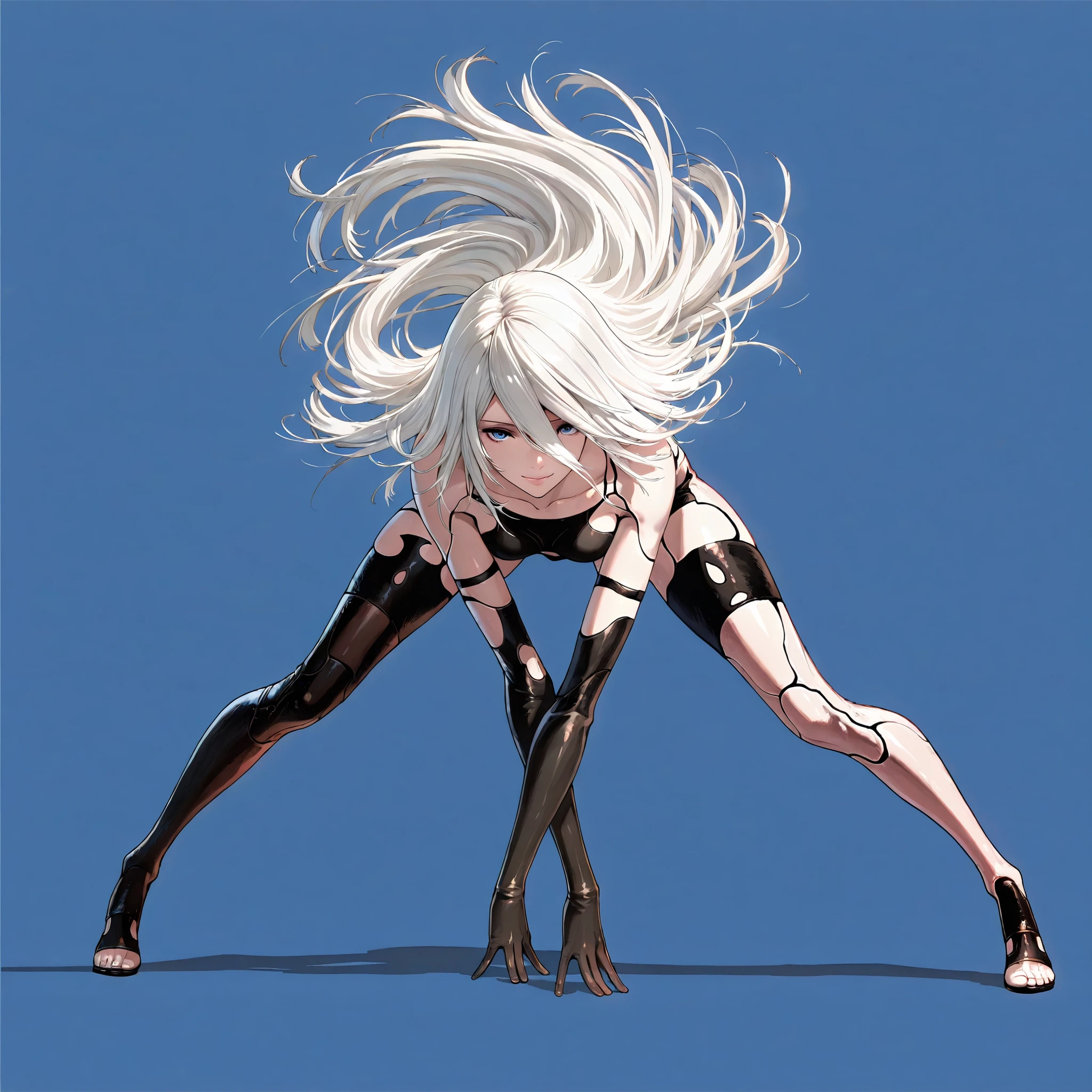 best quality, A2 from NieR Automata, full body view, Panel seams, white long hair, legs stretched out, legs apart, dynamic action pose, front view (looking at viewer), blue eyes, blue plain background, detailed line art, seductive gaze, smiling