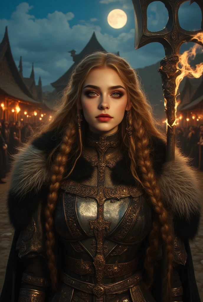 masterpiece photo of beautiful viking woman, on wooden ship at dusk, moody, angry, fur and leather outfit, antler crown,(cleavage:1.1)