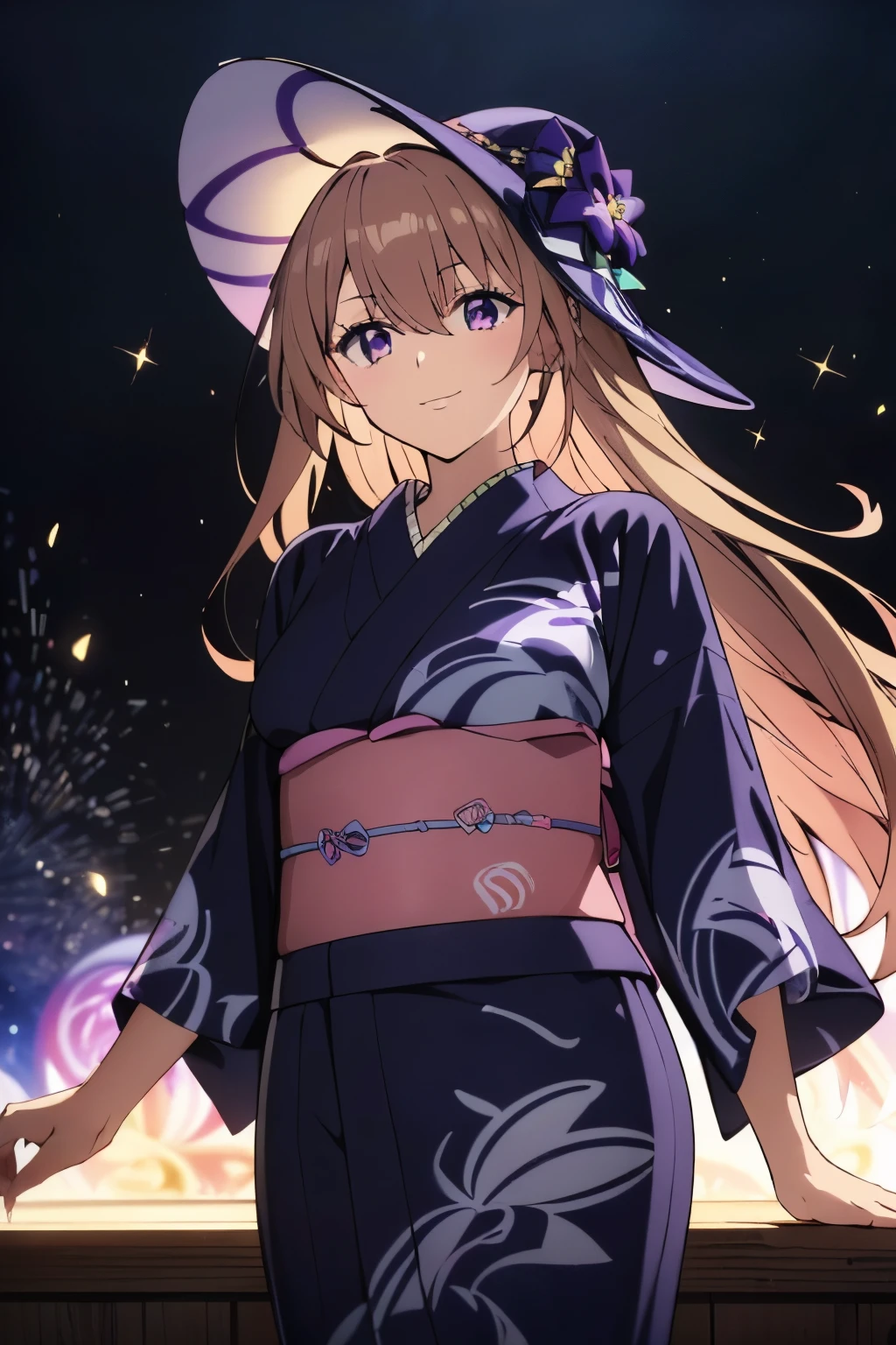 (highest quality, 8k, High resolution, masterpiece:1.2), Anime art style, Hyper Detail, himeragi yukina, Hair between the eyes, 1 girl, Perfect Face, eye_Light_big, medium breast, Soft impression, alone, a girl), smile, portrait, (colorful splash effect, swirling colorful particles), colorful eyes, glowing eyes, (dark purple witch hat), messy hair, (colorful hair, stark hair, glowing hair), very long hair, (yukata:1.4), (dark purple robe with pink trim, sleeveless pink blouse, purple skirt, mismatched brown and light blue leggings), (clothes with colorful accents), (skirt with colorful trimmings), (light particles, colorful particles), dynamic illustration, dramatic lighting, (cowboy shot:1.3)