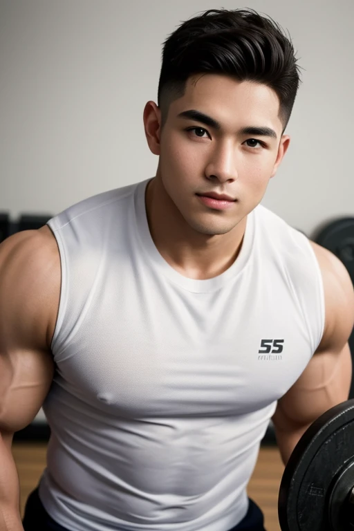 masterpiece, best quality, high resolution, realistic, handsome, photogenic, <lora:syahasian:1>, syahnk, SFW, a photo of a 35 year old gym frat (man:1.2) portrait, standing in a gym , doing military press, weights, stunning , short buzzcut hair,stubble head , (hypermuscle),looking at the viewer, flirting with the camera, charming, (tight white gym shirt ),<lora:add_detail:1>, (GS-Masculine:1), 8K UHD