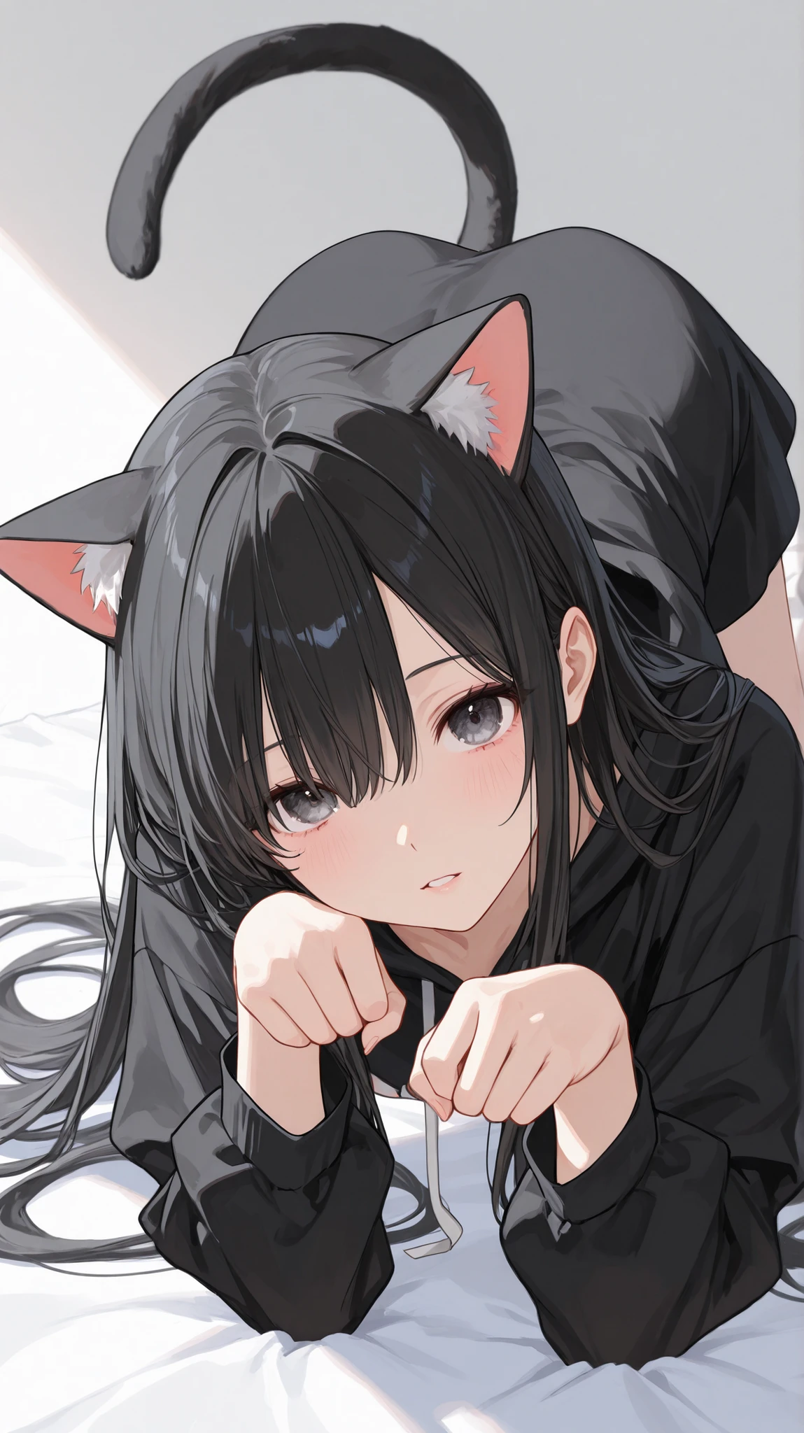 1 girl、Very long black hair、B cup、Cat Ears、slouching pose、a cat costume、Face visible 、Hands imitate cats、Winking、Lean forward on all fours、Dress like a cat、Cat Pose