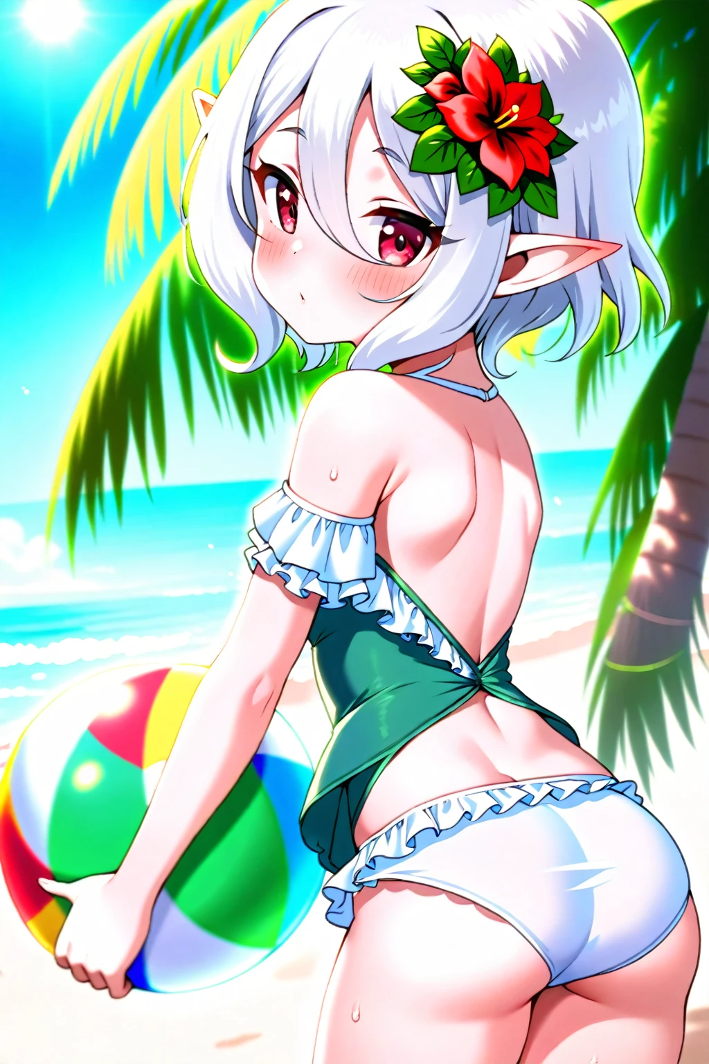 Long Hair, ?????, View your viewers, blush, smile, Open your mouth, bangs, blue eyes, 大きな?????, Knee socks, gloves, ribbon, belly button, ?????の谷間,  Transparent swimsuit, whole body, Gray Hair, 巨大な?????， (巨大な?????: 1.8), Green Hair, horn, Pointed Ears, Blunt bangs, Raise your arms, (１People Women),  (Side tie ?????? bottom), (Transparent micro ??????), (（White tiny micro ??????）), wave hands