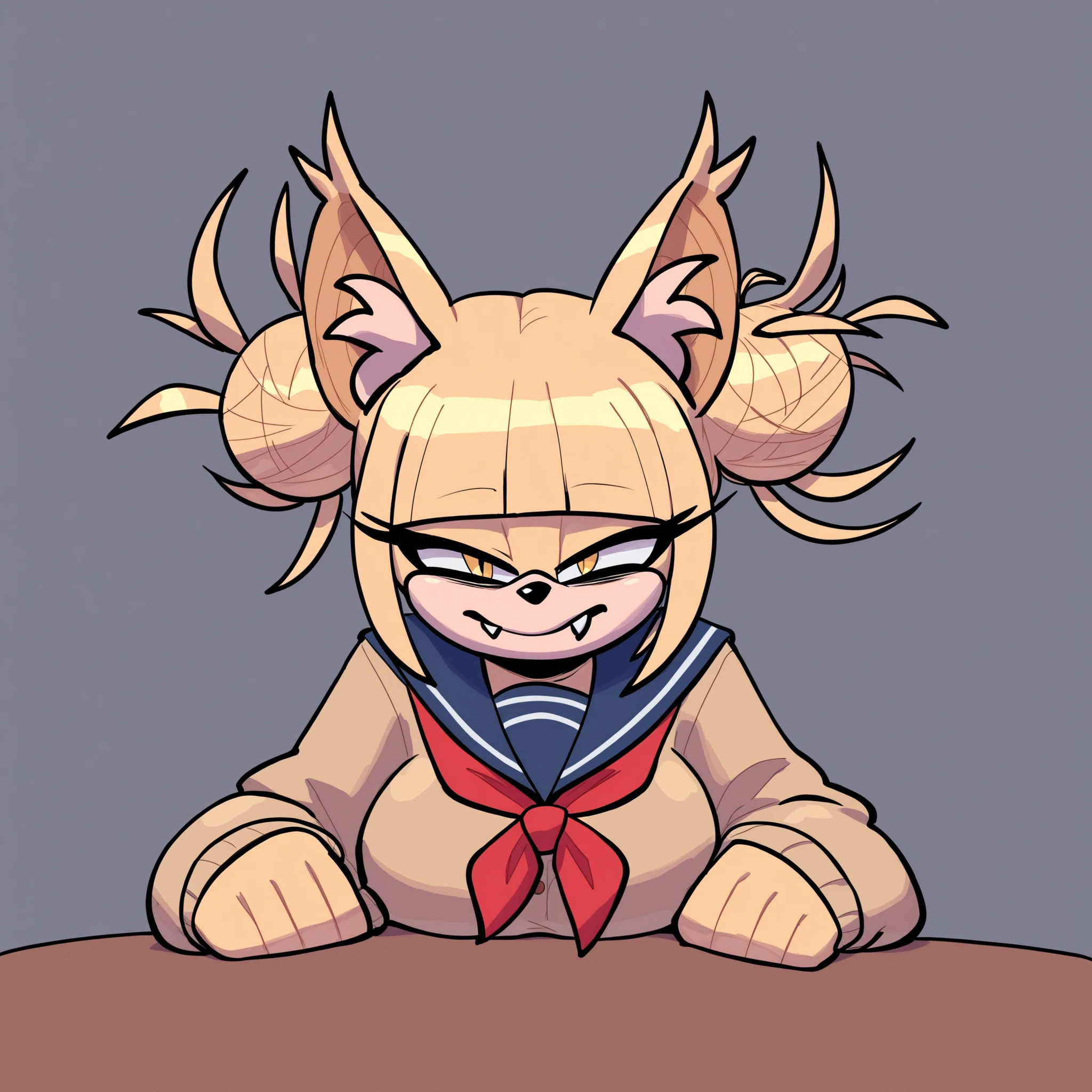Toga_Himiko, bat girl, bat ears, bat wings, (animal ear fluff), Himiko Toga as a Mobian, Mobian Bat, Bat, bigdad/character, evnstnly, (Mobian), fluffy fur, messy fur, female, Sonic OC, yellow_eyes, blonde_hair, blonde fur, double_bun, slit_pupils, messy_hair, medium_hair, sidelocks, medium_breasts, brown_cardigan, blue_sailor_collar, school_uniform, red_neckerchief, squinting eyes, tired, small fangs, sitting in front of viewer, table, bar, leaning against table