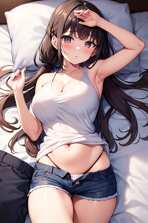 highest quality、Elementary school student bra、Beige shorts、Cute appearance、Stretch your legs in the room、Armpit sweat、Grass、 face,(Attractive person)， (girl１name)， (Highly detailed face, smile) ,, (日本のgirl), Slightly round face, (Tan brown face:1.6), cute, Big eyes、2D，highest quality，(masterpiece)，(((whole bodyが映る)))，(((whole body)))，(wavy-medium hair:1.6)，(hair over one eye:1.3),((Chestnut brown hair))，Healthy brown skin，((Denim hot pants))，Leather Belt，Pink Tank Top，Shining  feet，barefoot，Beautiful brown eyes，Attractive thighs，Sloppy body type，Bedroom，get drunk，Upward glance，cheeks are bright red，あざとcute，Sleeping face like an angel， look，whole bodyに汗の大きな滴，humid，Waistline、My Room、（Sleeping on your stomach:1.1），(Angle shot from directly above:1.2)，Poses that accentuate the ，Angle to emphasize the ，Sole