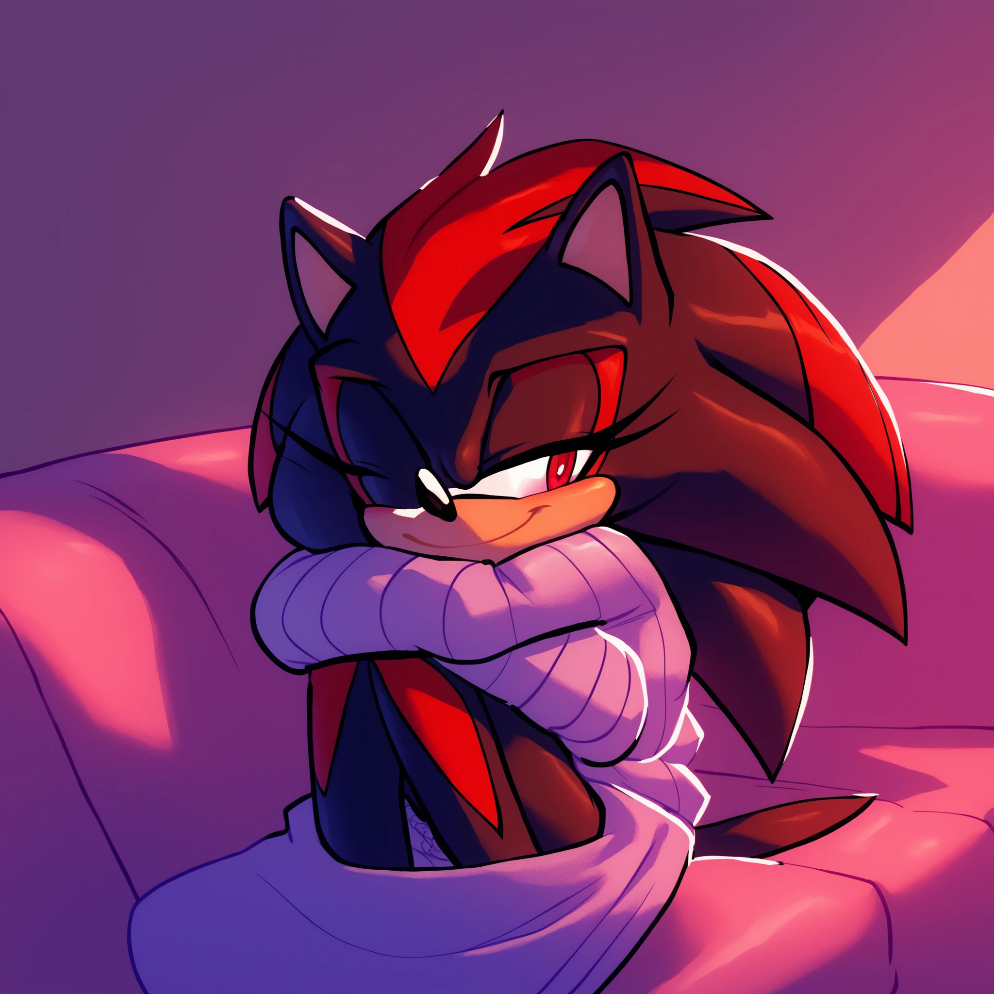 Daughter of Shadow the Hedgehog, (Bigdad/character), female, (long hair), (long hair/quills), messy hair, solo, fuzzy fur, (very young), (furry), black fur, pinkish red stripes on quills, quill like hair bangs, the next generation after Shadow, hair bangs partially over one eye, red eyes, evnstnly, (Mobian), fluffy fur, curious expression, smile, sitting, cute, adorable, indoors, sitting on couch, blanket, Sonic OC, cute outfit, cute sweater, ish personality, naive, small, ((hugging a small Symbiote friend?))