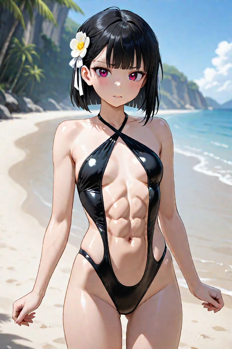 masterpiece, best quality, highres,
ShizukuDef, 1girl, solo, purple eyes, black hair, short hair, large breasts, breasts, medium breasts,
tattoo, nude, bikini, side-tie bikini bottom, bikini top only, ass visible through thighs, hunter x hunter,
cowboy shot, looking at viewer, hands on hips, outdoors, ocean, water, beach, sunlight, sun, <lora:LoRA_Shizuku:1>