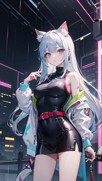 ((masterpiece,best quality)), absurdres, <lora:Roxy_Citron_OC_AnyLora:0.8>, Roxy_Citron_OC, 1girl, solo, red eyes, white hair, rainbow hair, long hair, streaked hair, hair between eyes, smile, cyberpunk, neon lights, glowing clothes, skirt, tech clothes, cowboy shot, hand on hips, tron legacy outfit,