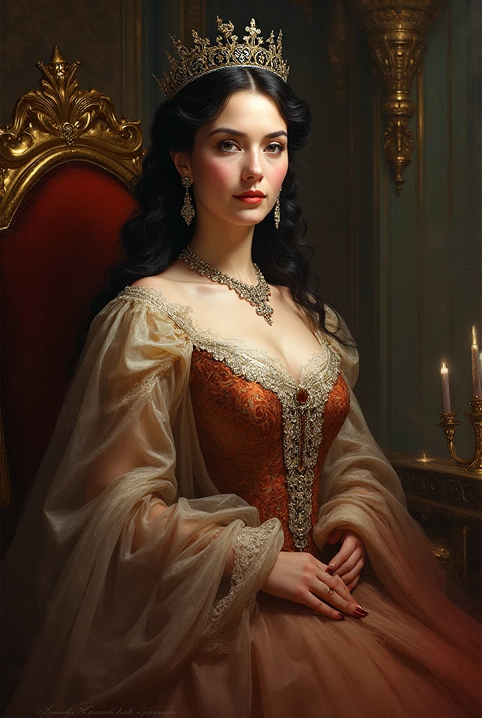 A queen woman sitting on a chair with gemini detailed sign on her forehead