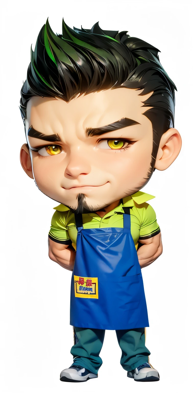 handsome and muscle manly salesperson with golden color lion's eyes and bright and sharp manly piercing Asian eyes. He has dark short hair and short pompadour hairstyle. He has hairy eyebrows and hairy beard on his all chin. He is wearing a fluorescent green polo shirt uniform and a dark blue work apron but you can still see his muscular body.